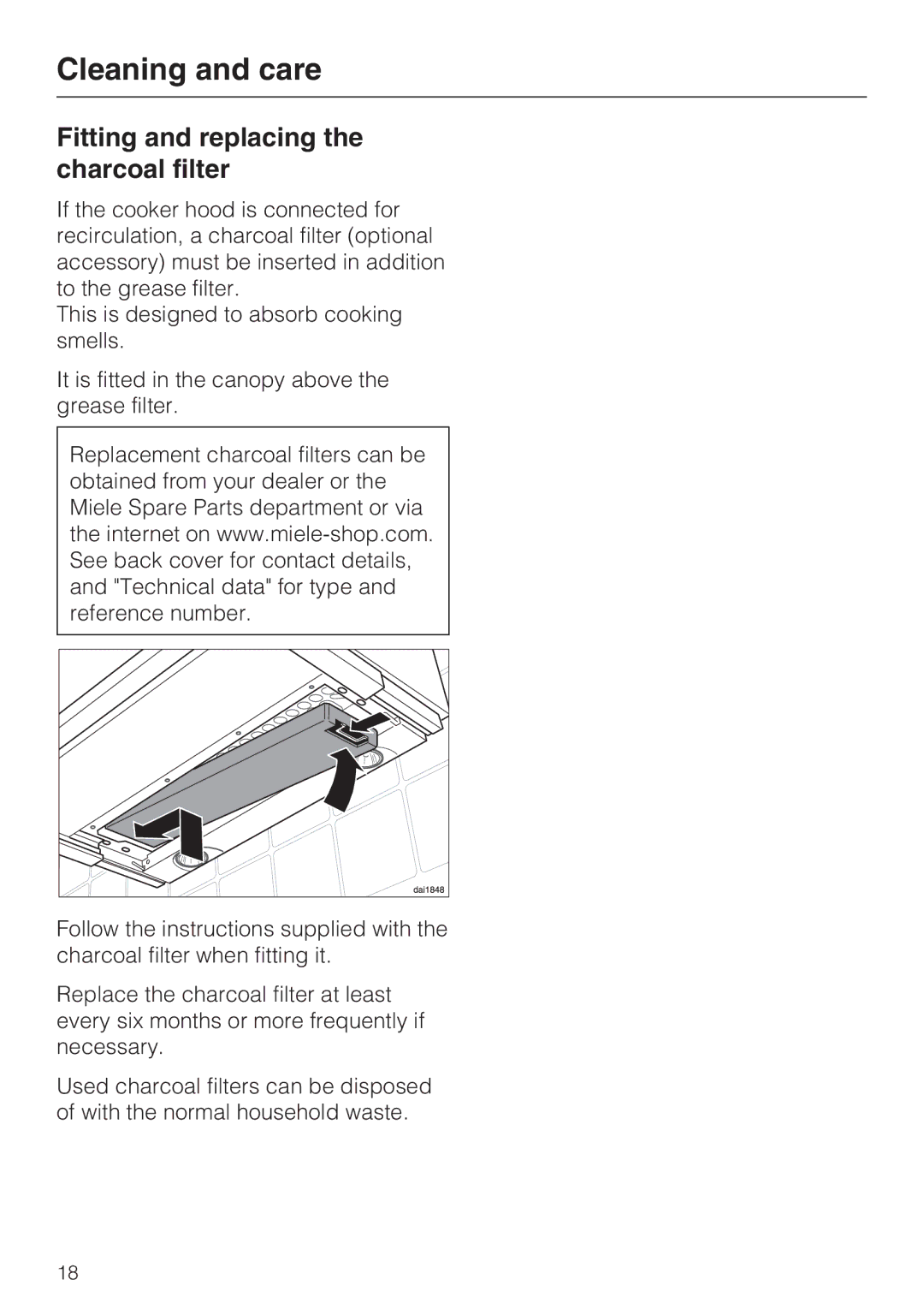 Miele DA 3190 EXT, DA 3160 EXT installation instructions Fitting and replacing the charcoal filter 