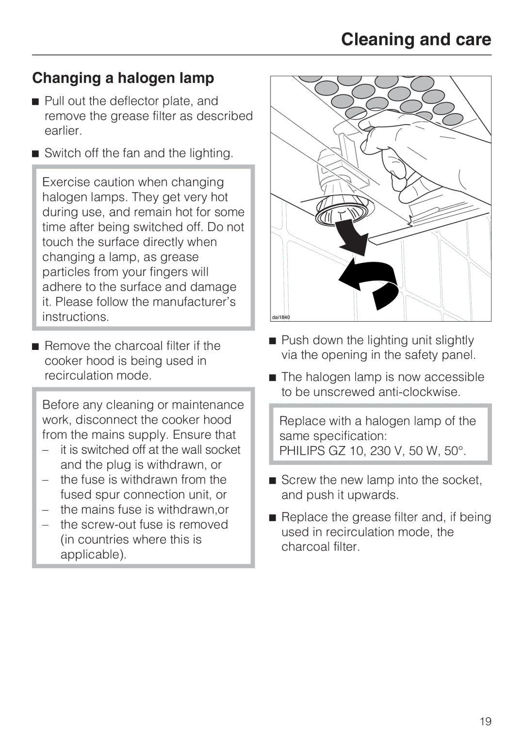 Miele DA 3160 EXT, DA 3190 EXT installation instructions Changing a halogen lamp 