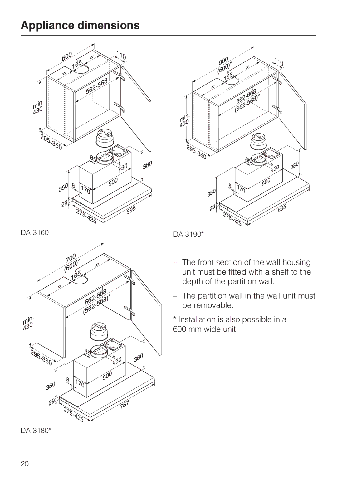 Miele DA 3190 EXT, DA 3160 EXT installation instructions Appliance dimensions 