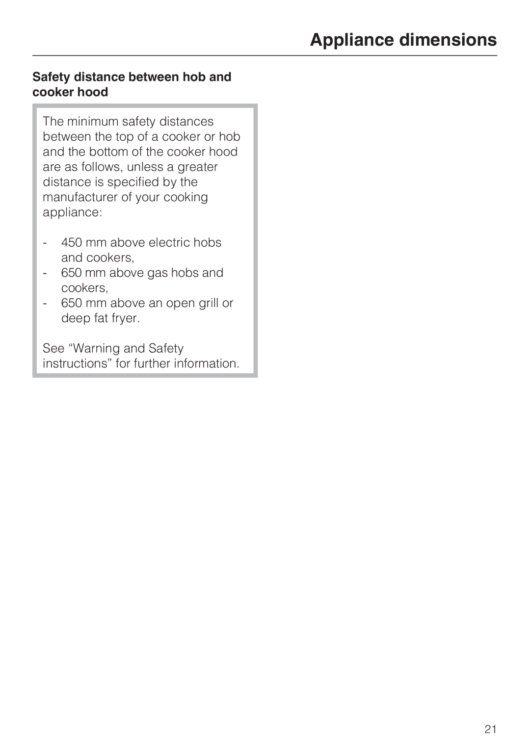 Miele DA 3160 EXT, DA 3190 EXT installation instructions Safety distance between hob and cooker hood 