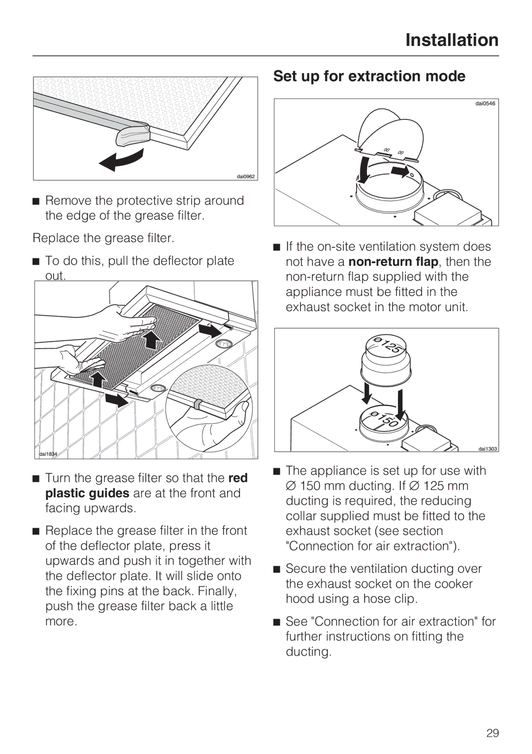 Miele DA 3160 EXT, DA 3190 EXT installation instructions Set up for extraction mode 