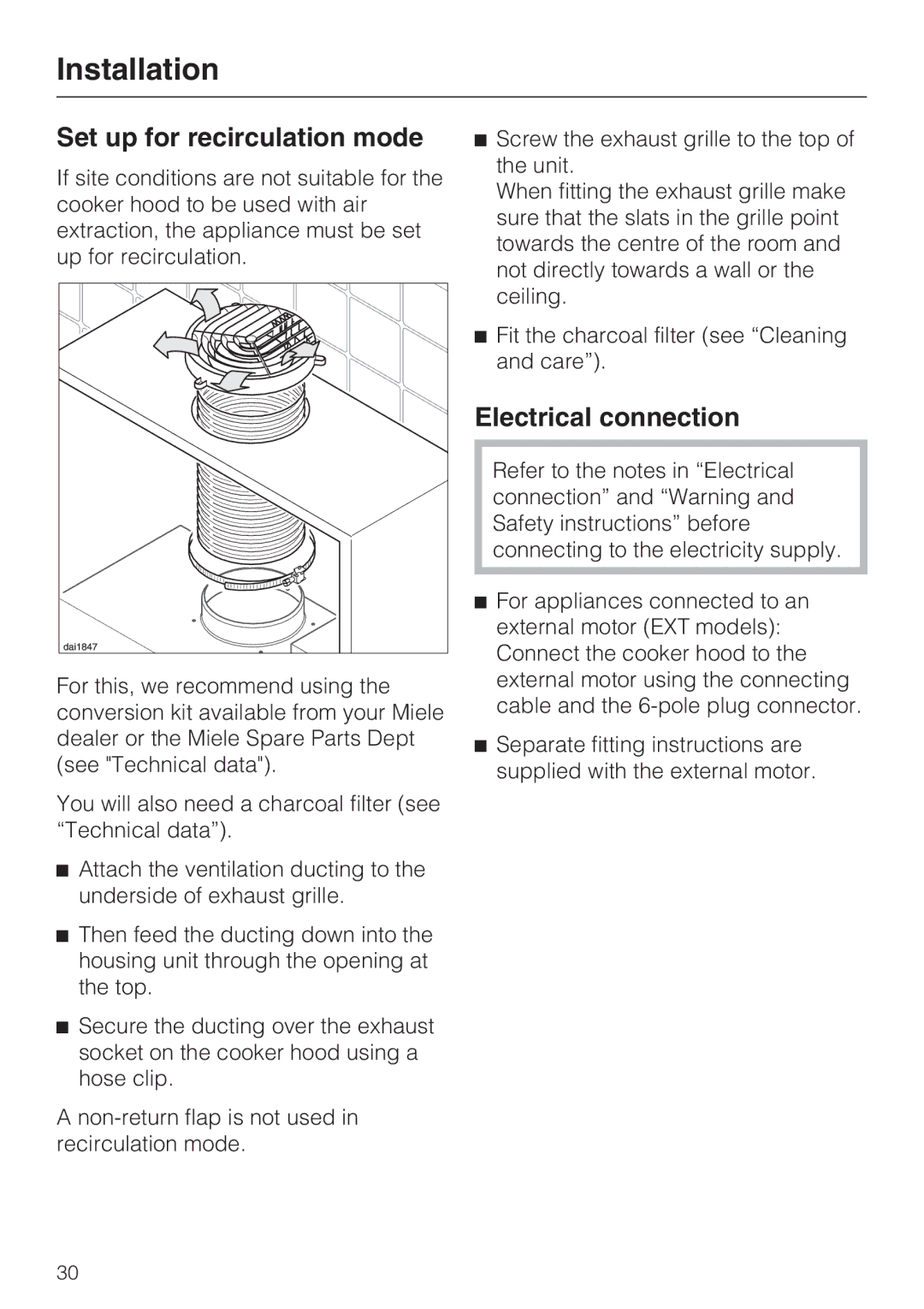 Miele DA 3190 EXT, DA 3160 EXT installation instructions Set up for recirculation mode, Electrical connection 