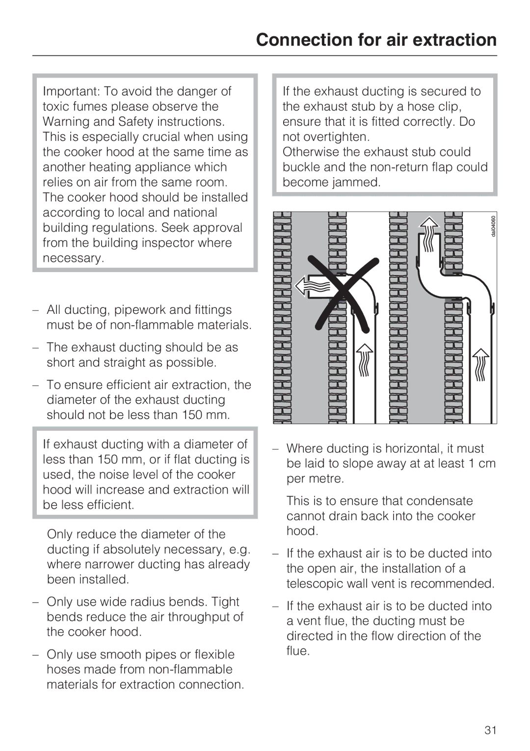 Miele DA 3160 EXT, DA 3190 EXT installation instructions Connection for air extraction 