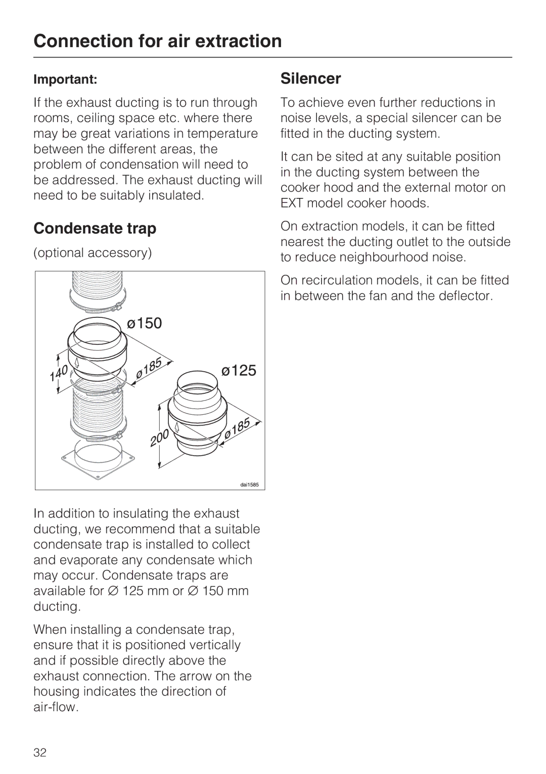 Miele DA 3190 EXT, DA 3160 EXT installation instructions Condensate trap, Silencer 