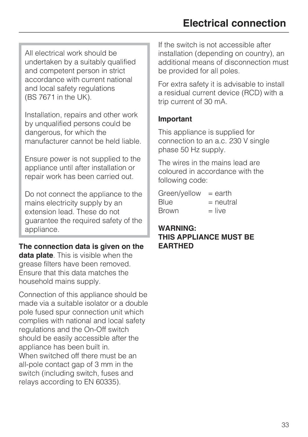 Miele DA 3160 EXT, DA 3190 EXT installation instructions Electrical connection 