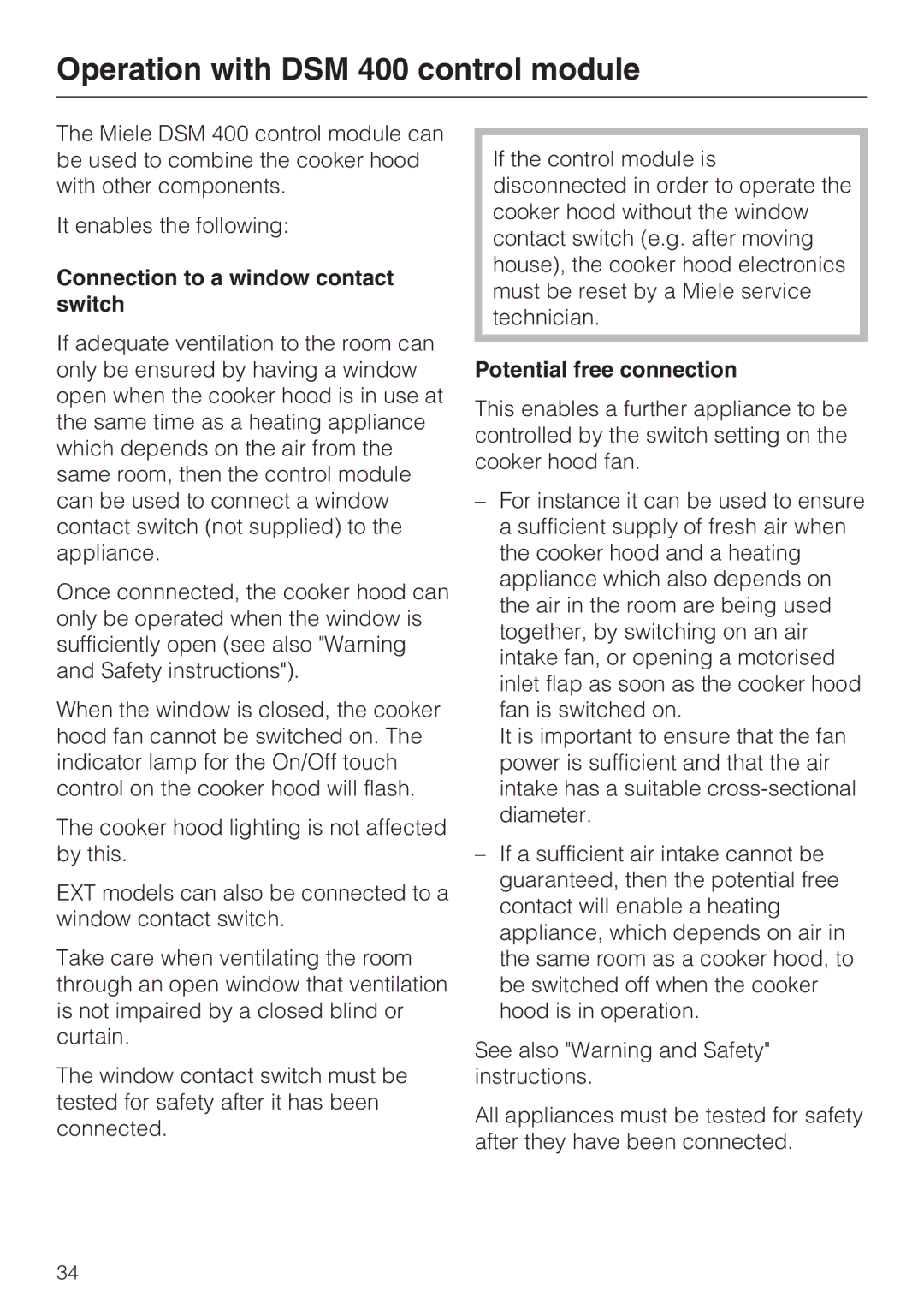 Miele DA 3190 EXT Operation with DSM 400 control module, Connection to a window contact switch, Potential free connection 