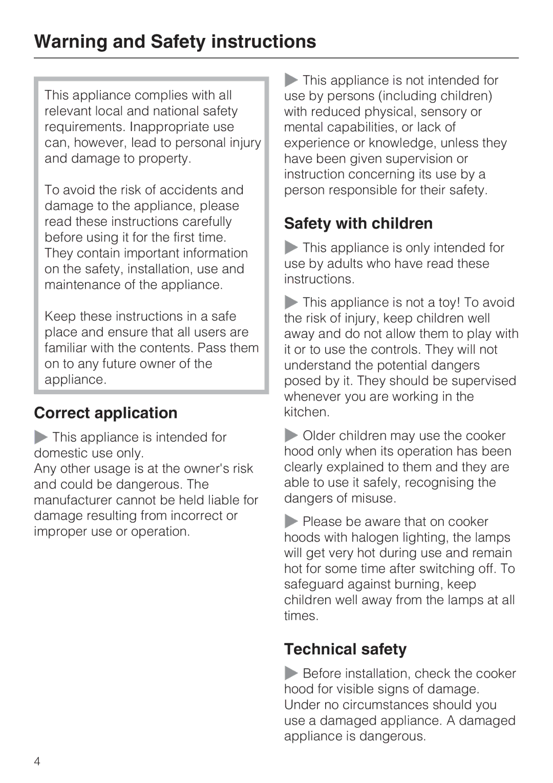 Miele DA 3190 EXT, DA 3160 EXT installation instructions Correct application, Safety with children, Technical safety 