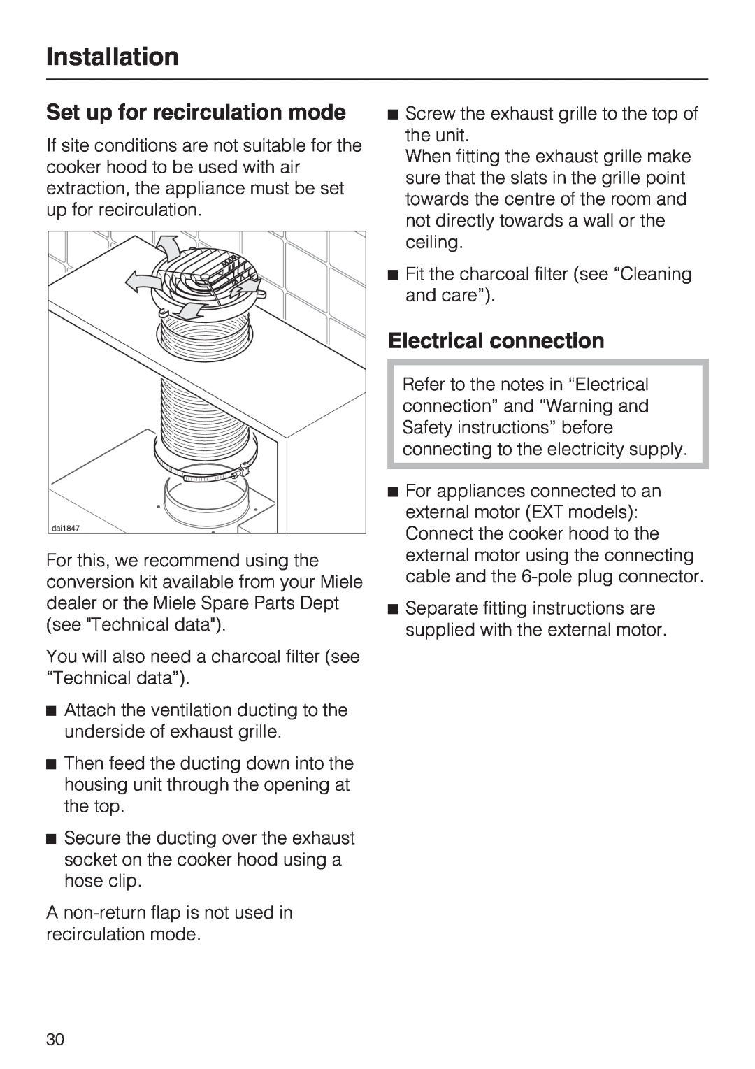 Miele DA 3190 EXT, DA 3160 EXT installation instructions Set up for recirculation mode, Electrical connection, Installation 