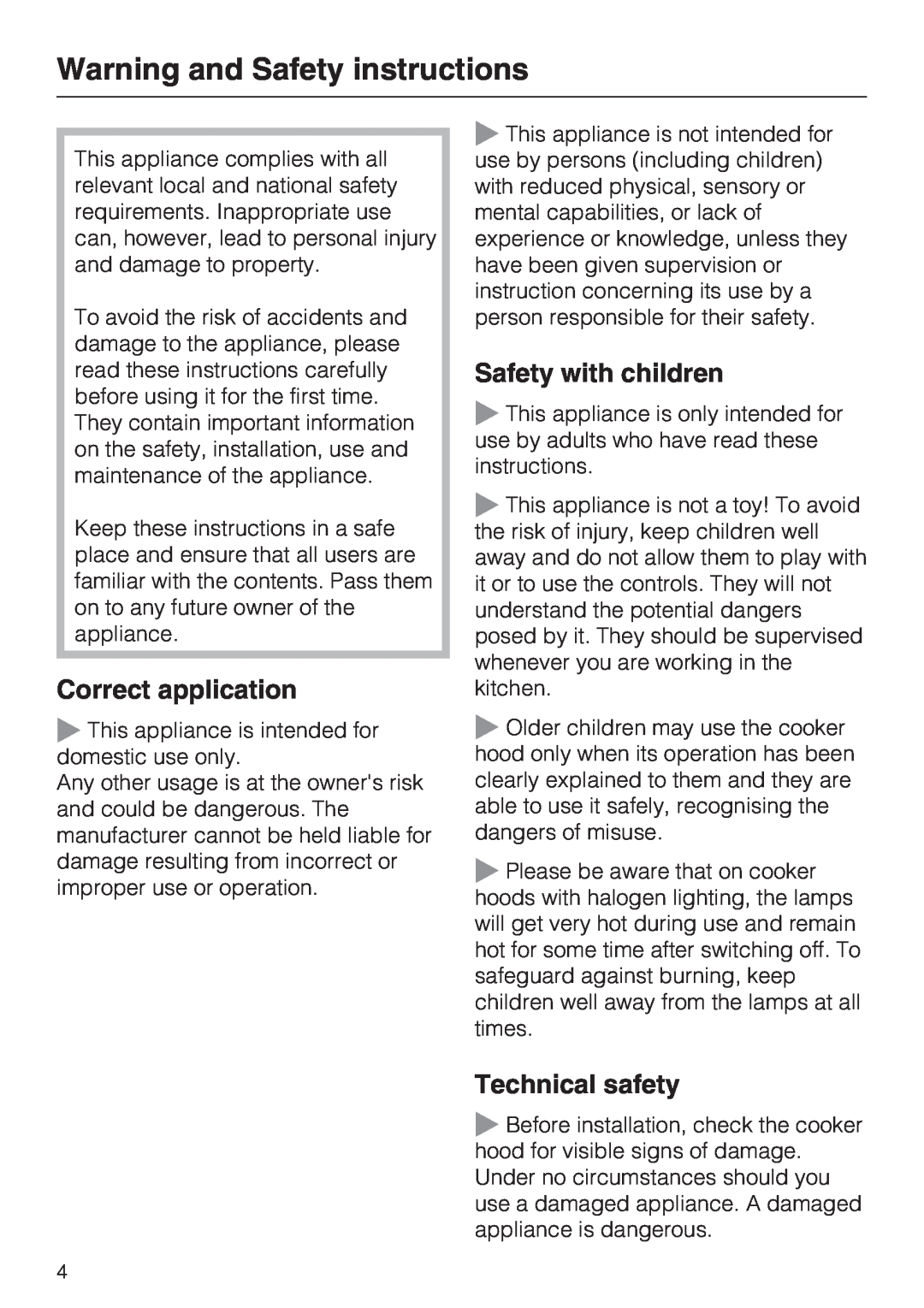 Miele DA 3190 EXT Warning and Safety instructions, Correct application, Safety with children, Technical safety 