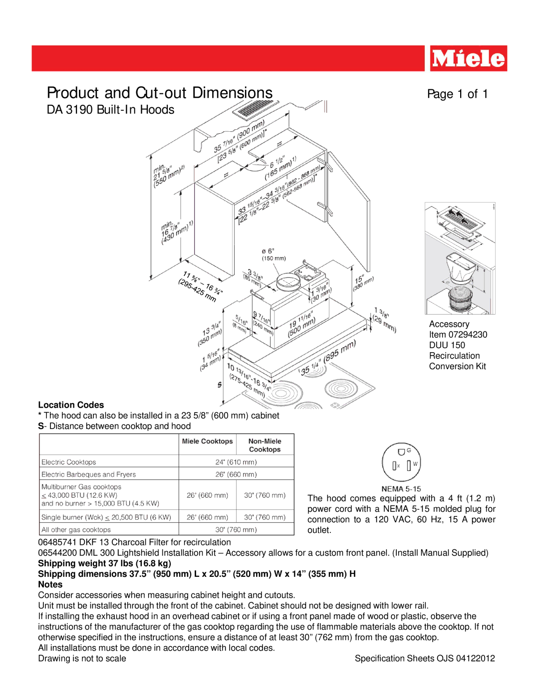 Miele dimensions Product and Cut-out Dimensions, DA 3190 Built-In Hoods, Location Codes 