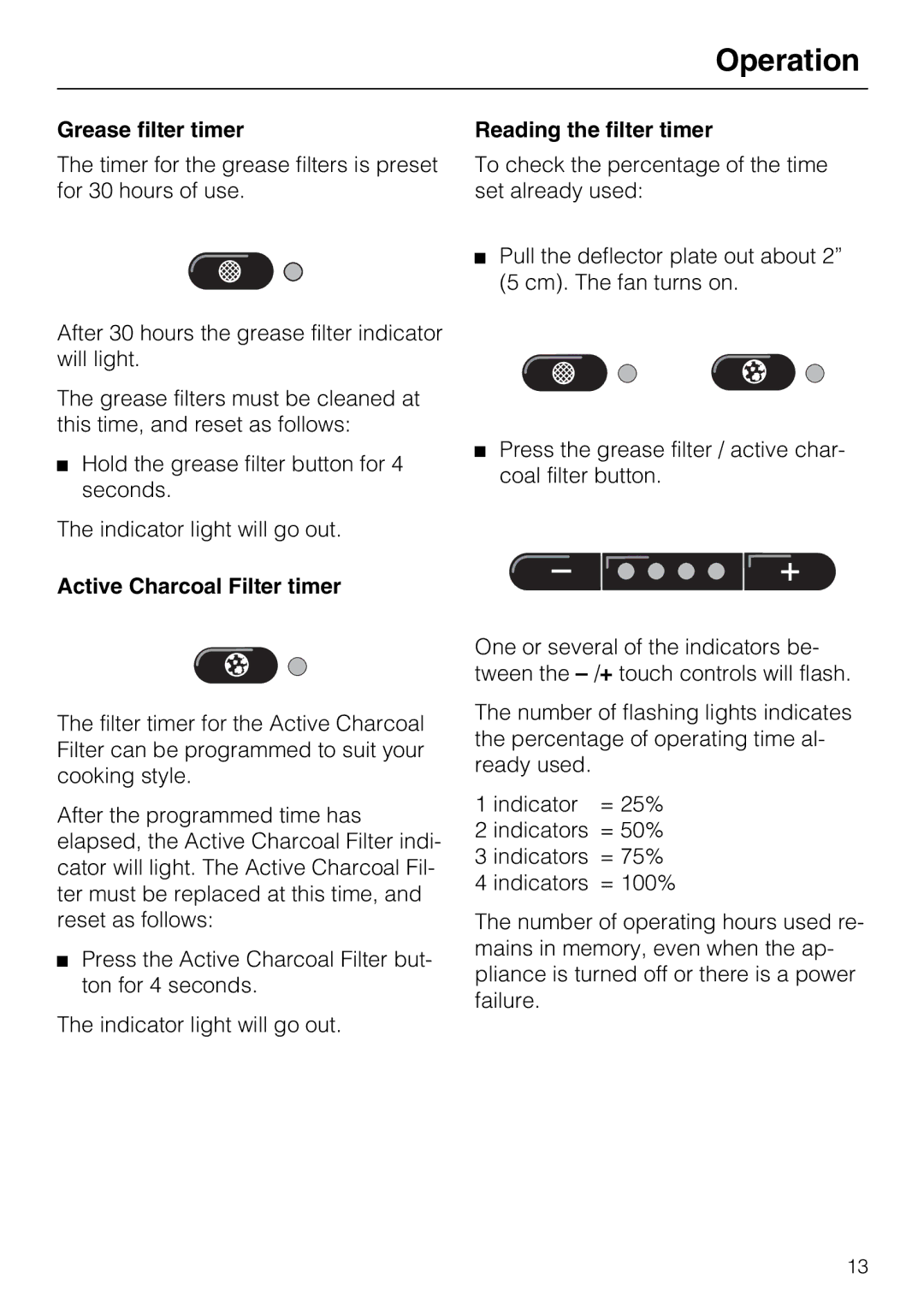 Miele DA 337 I operating instructions Grease filter timer, Active Charcoal Filter timer, Reading the filter timer 