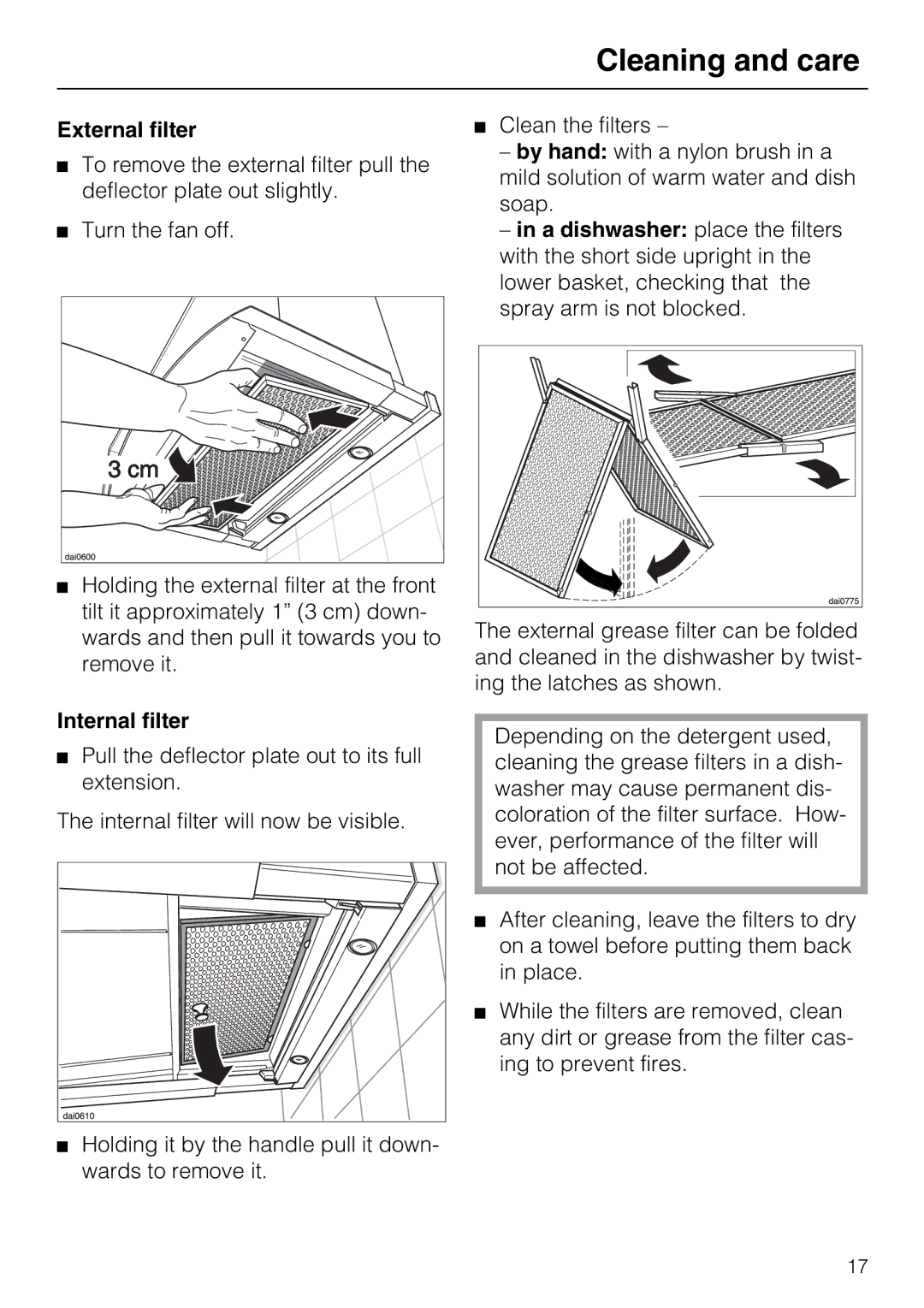 Miele DA 337 I operating instructions External filter, Internal filter 