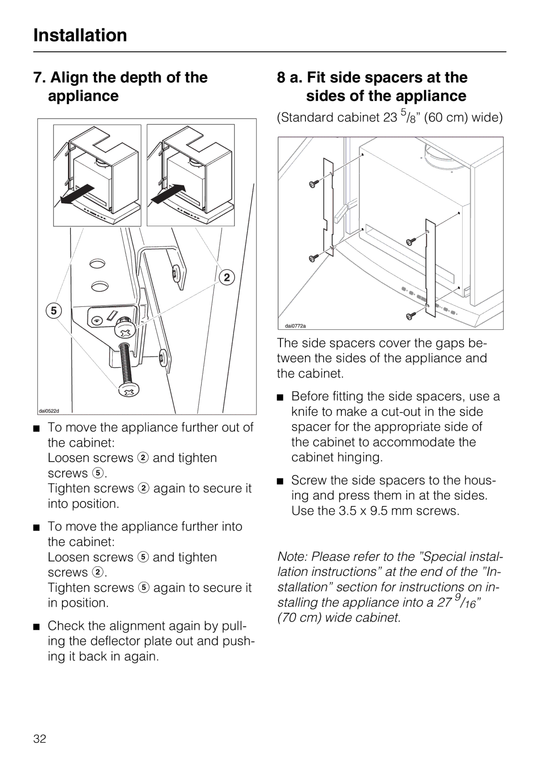 Miele DA 337 I operating instructions Align the depth of the appliance, Fit side spacers at the sides of the appliance 