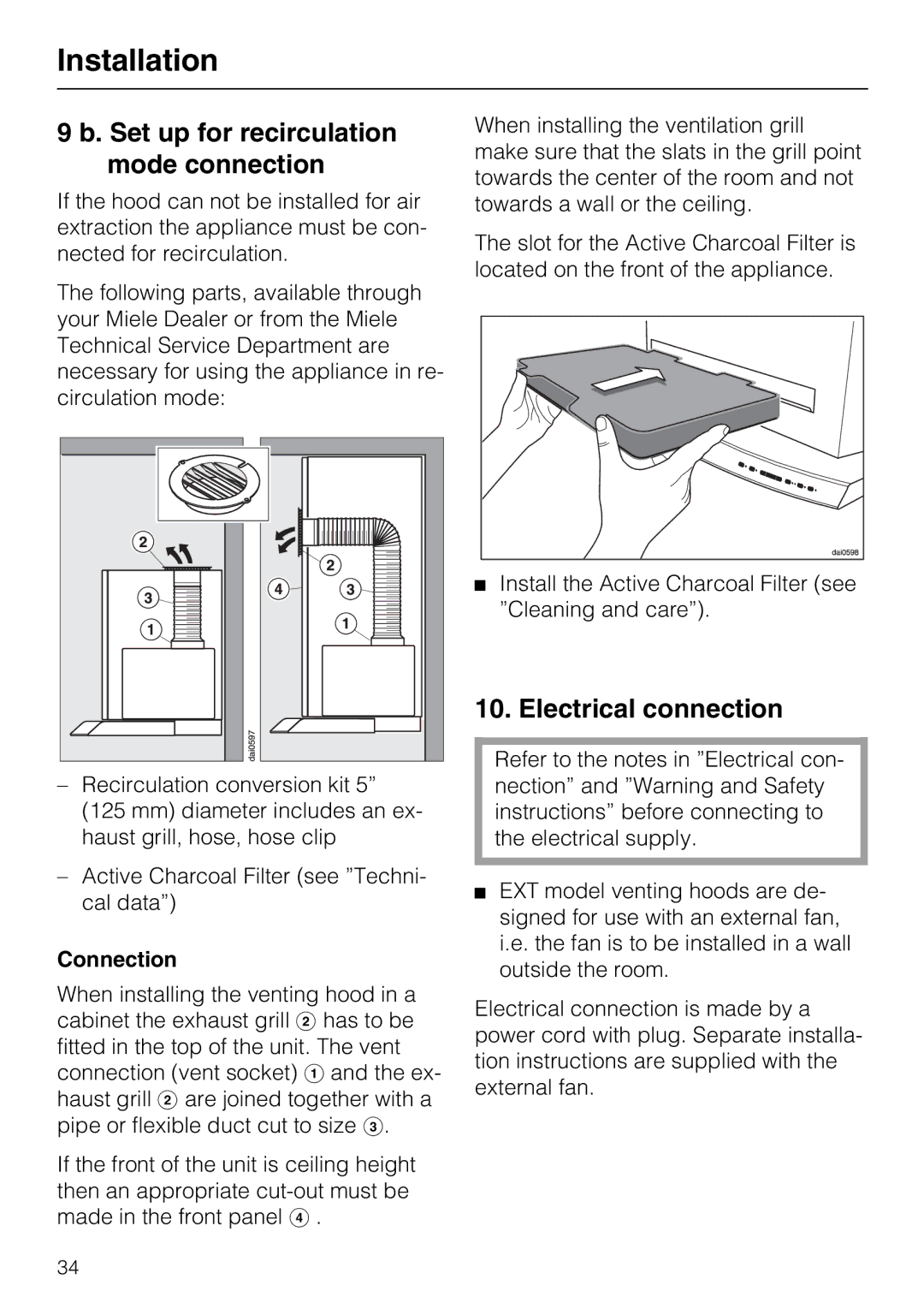 Miele DA 337 I operating instructions Set up for recirculation mode connection, Electrical connection, Connection 