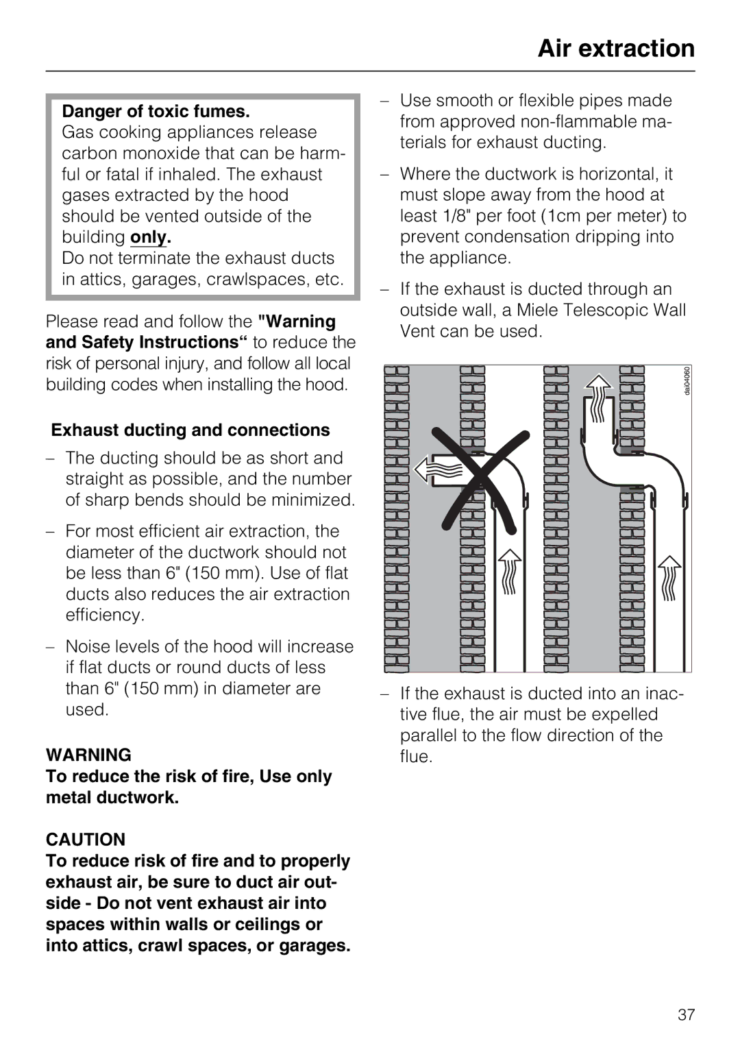 Miele DA 337 I operating instructions Air extraction, Exhaust ducting and connections 