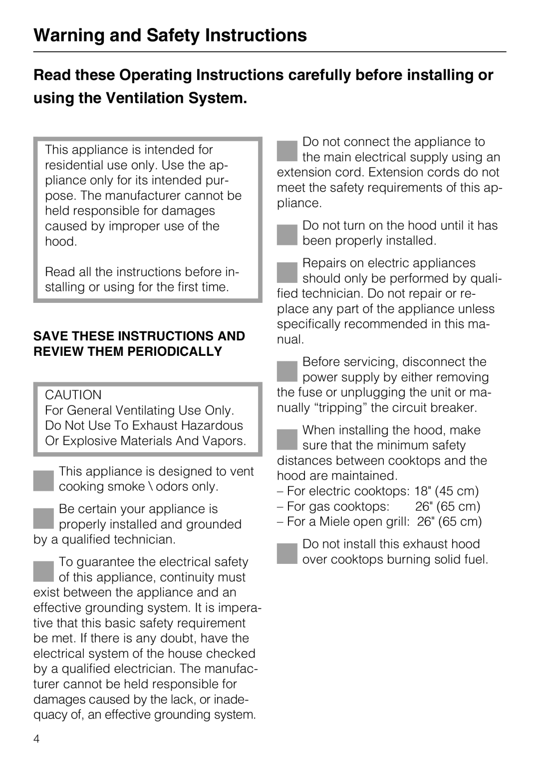 Miele DA 337 I operating instructions Save These Instructions and Review Them Periodically 