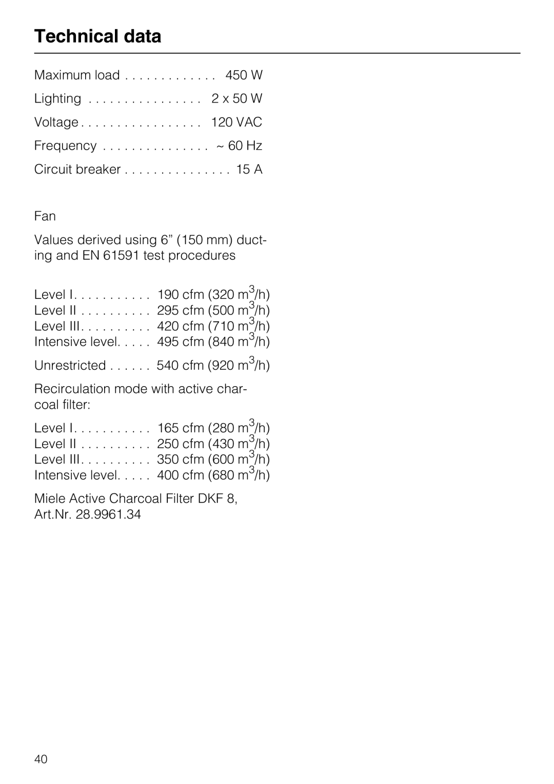 Miele DA 337 I operating instructions Technical data 