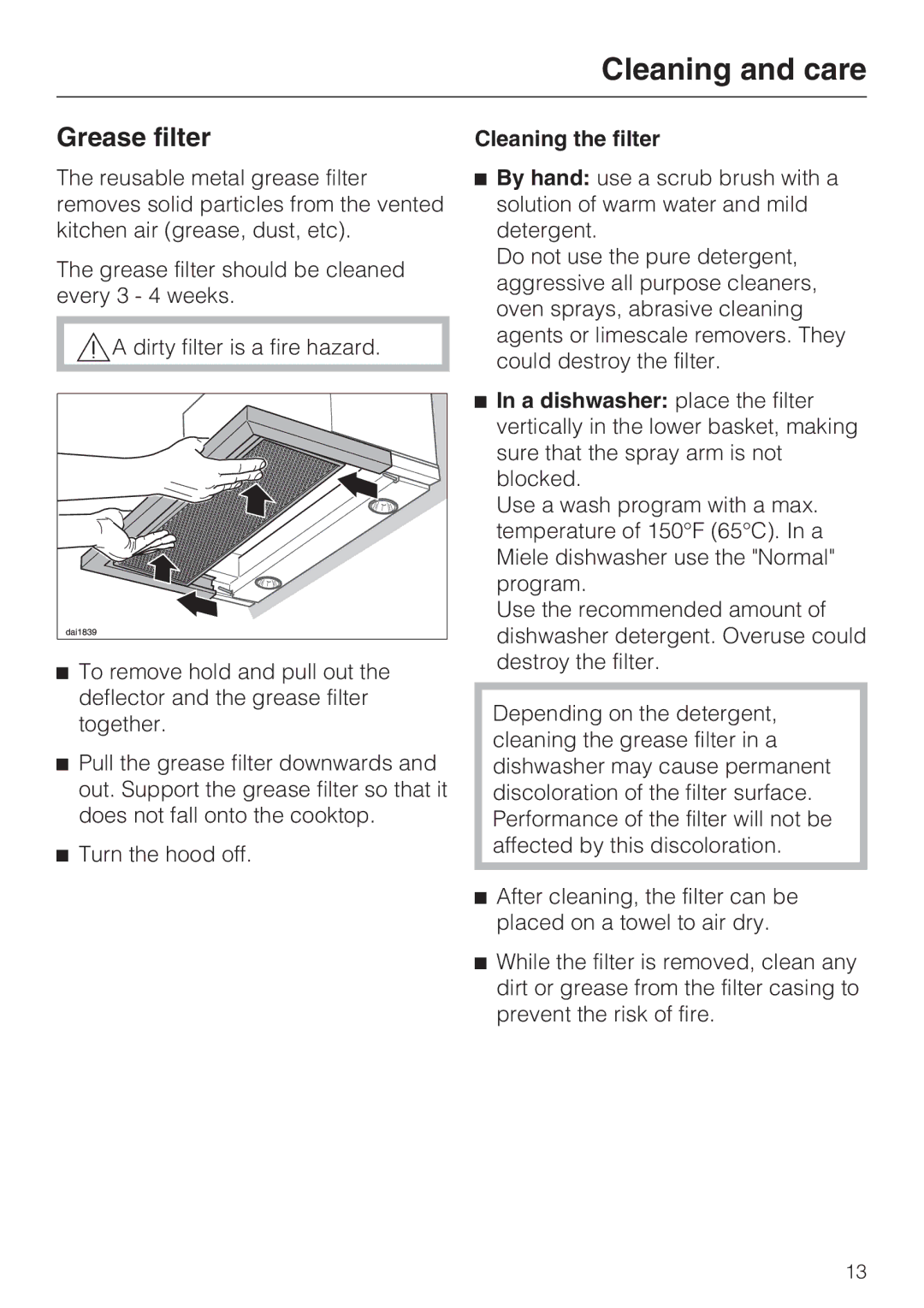 Miele DA 3480, DA 3460, DA 3490 installation instructions Grease filter, Cleaning the filter 