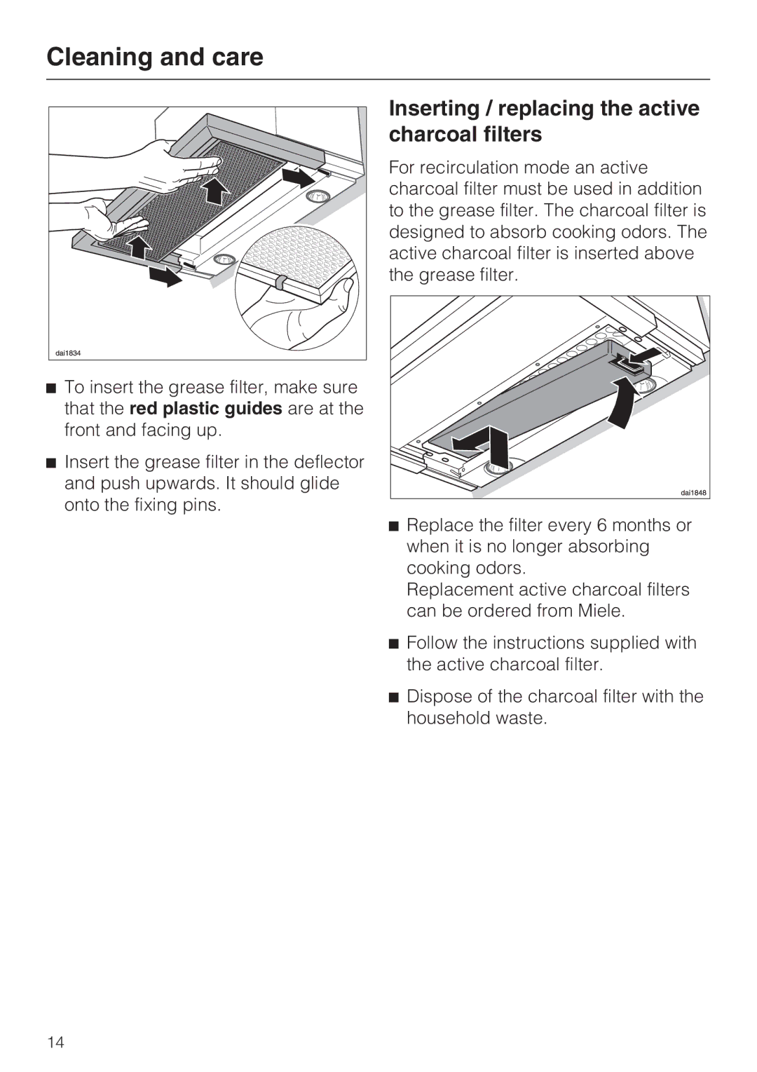 Miele DA 3490, DA 3460, DA 3480 installation instructions Inserting / replacing the active charcoal filters 