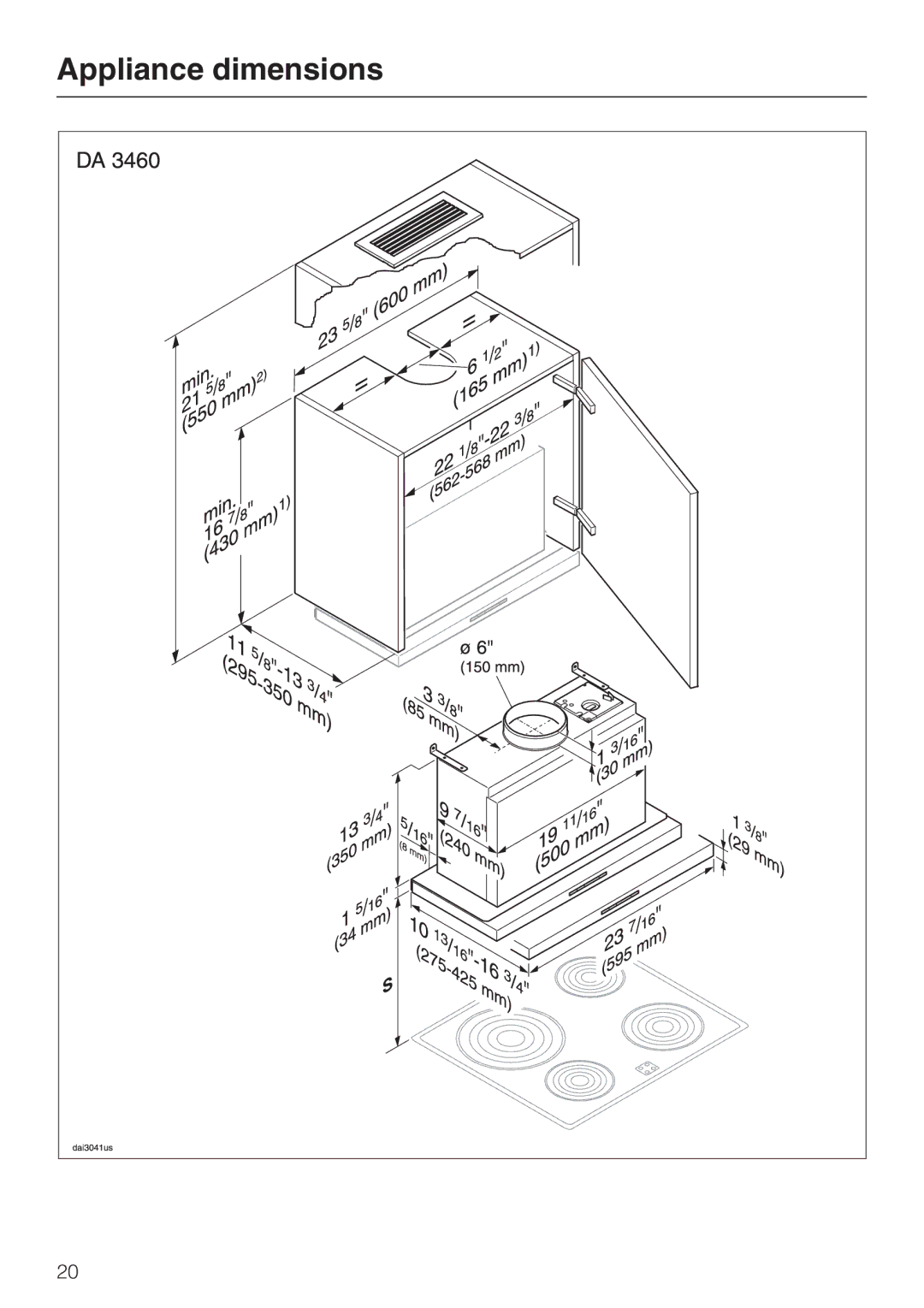 Miele DA 3490, DA 3460, DA 3480 installation instructions Appliance dimensions 