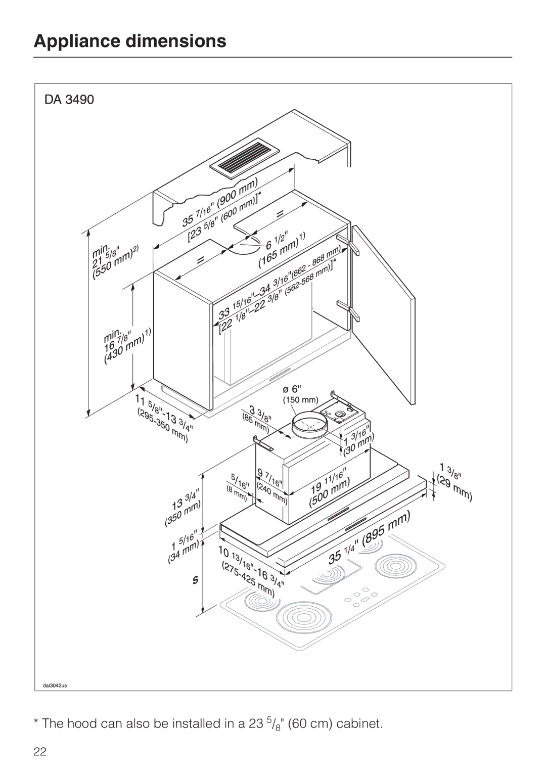 Miele DA 3480, DA 3460, DA 3490 installation instructions Appliance dimensions 