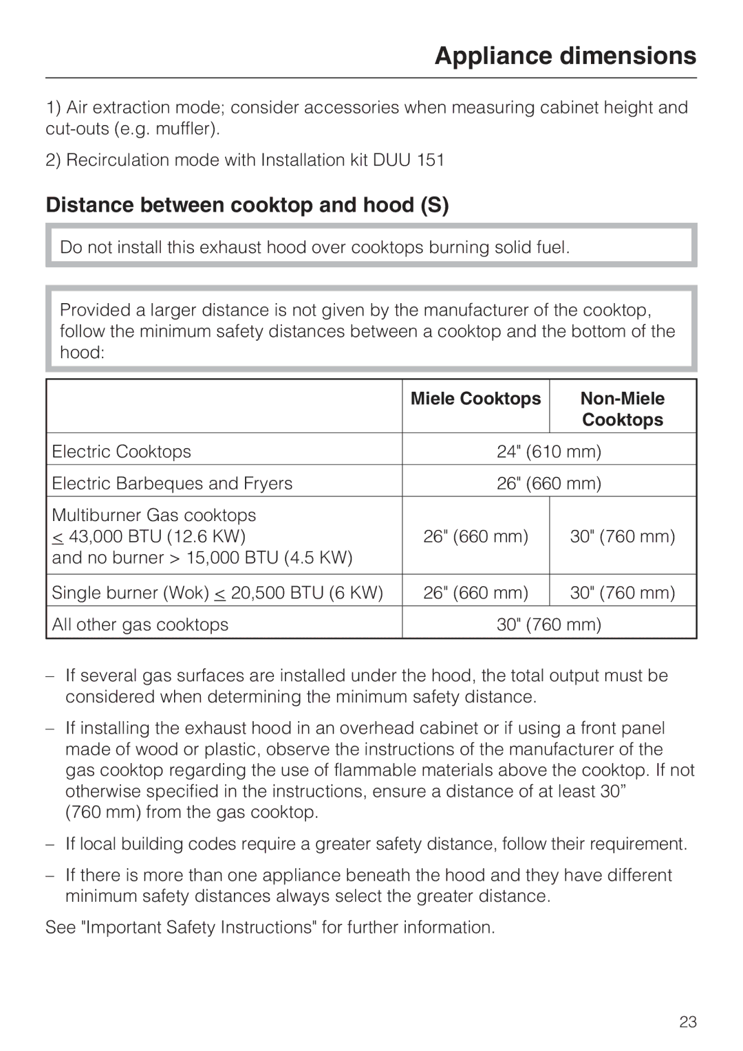 Miele DA 3490, DA 3460, DA 3480 installation instructions Distance between cooktop and hood S, Miele Cooktops Non-Miele 