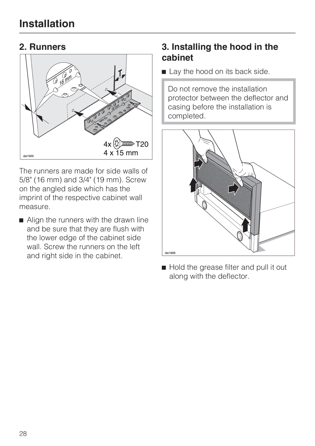 Miele DA 3480, DA 3460, DA 3490 installation instructions Installation, Runners Installing the hood Cabinet 