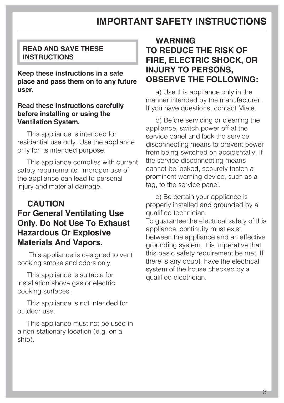 Miele DA 3460, DA 3480, DA 3490 installation instructions Important Safety Instructions 