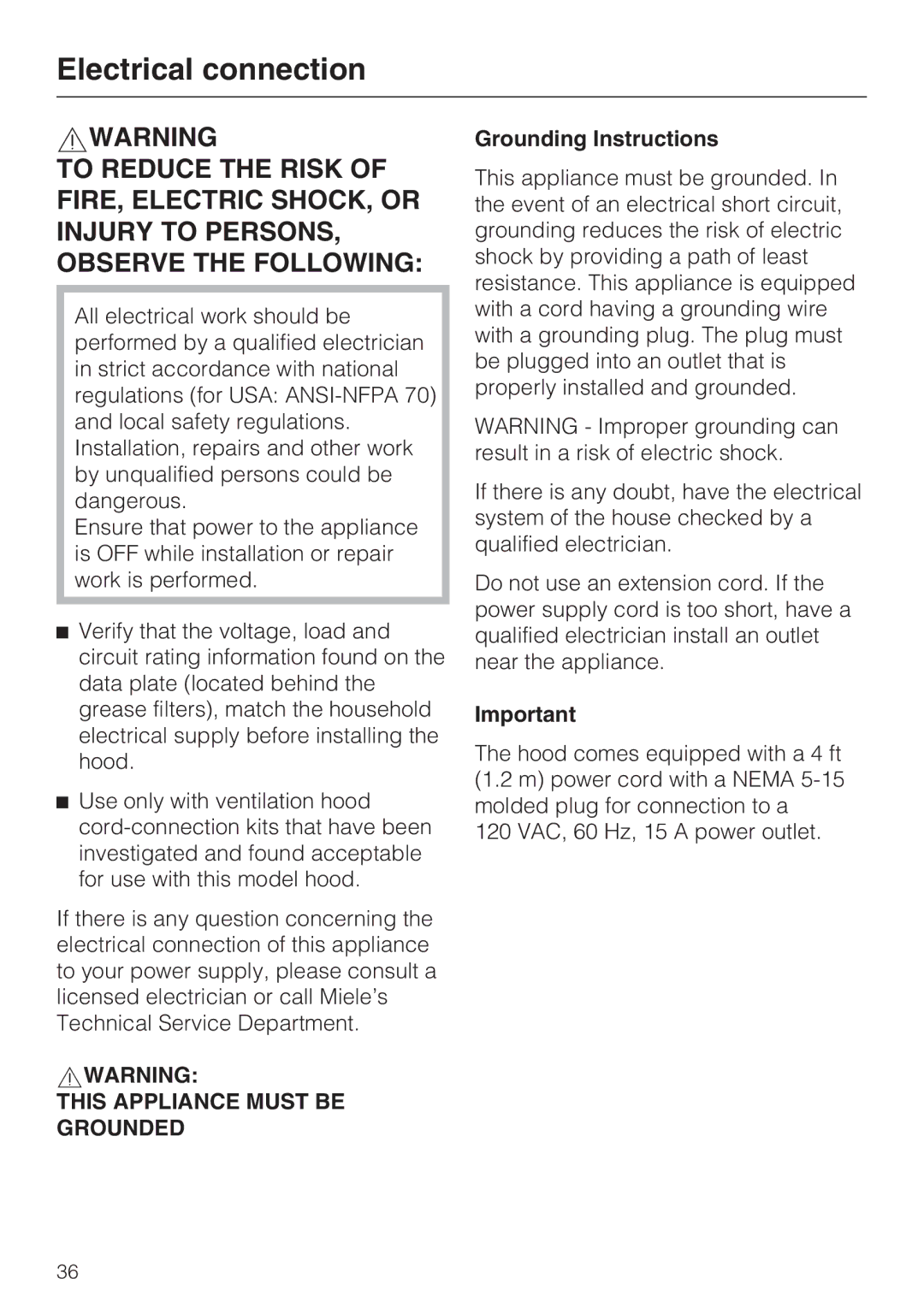 Miele DA 3460, DA 3480, DA 3490 installation instructions Electrical connection, Grounding Instructions 