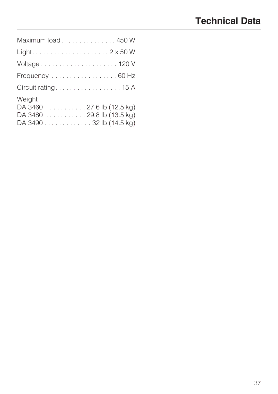 Miele DA 3480, DA 3460, DA 3490 installation instructions Technical Data 