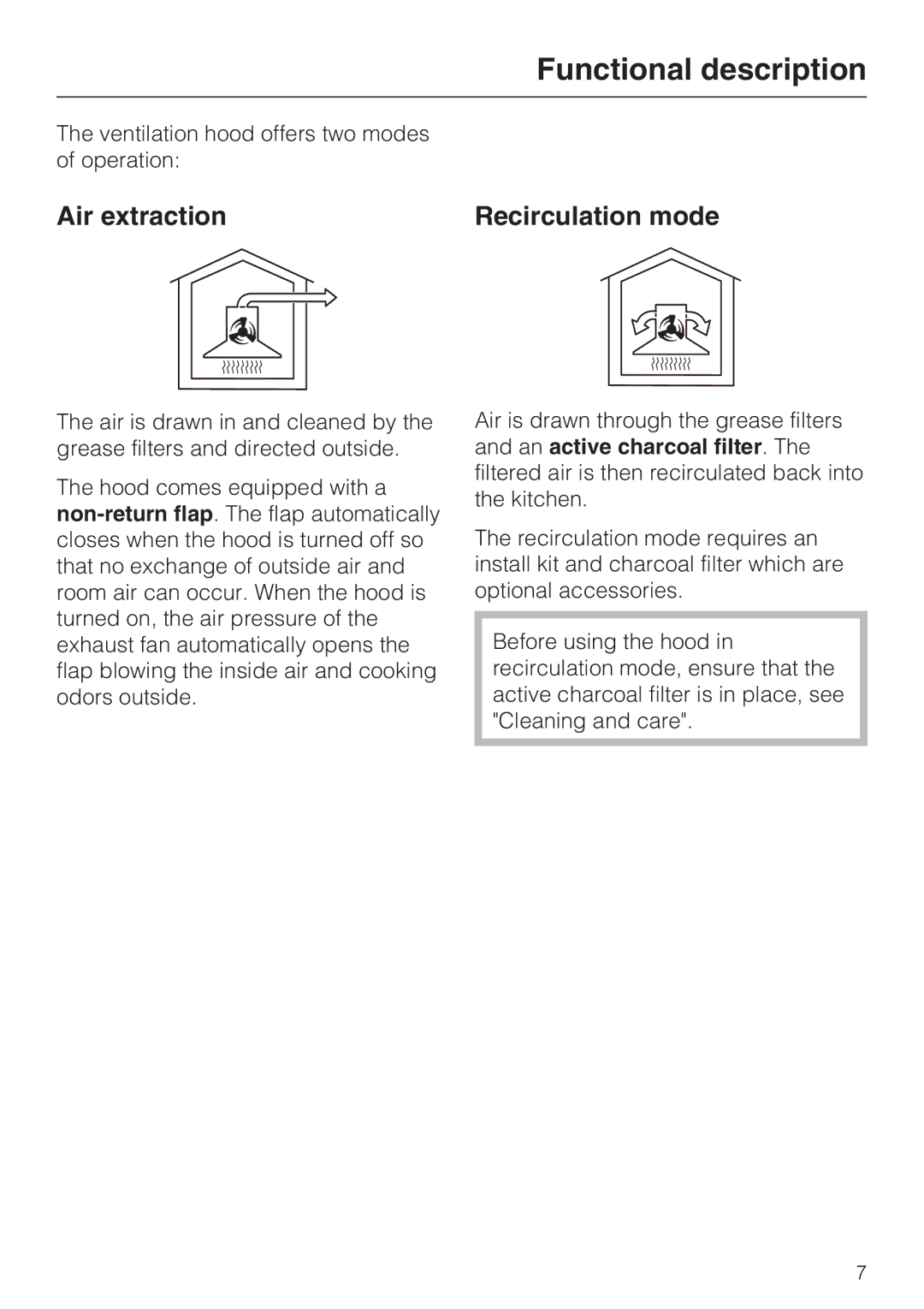 Miele DA 3480, DA 3460, DA 3490 installation instructions Functional description, Air extraction, Recirculation mode 