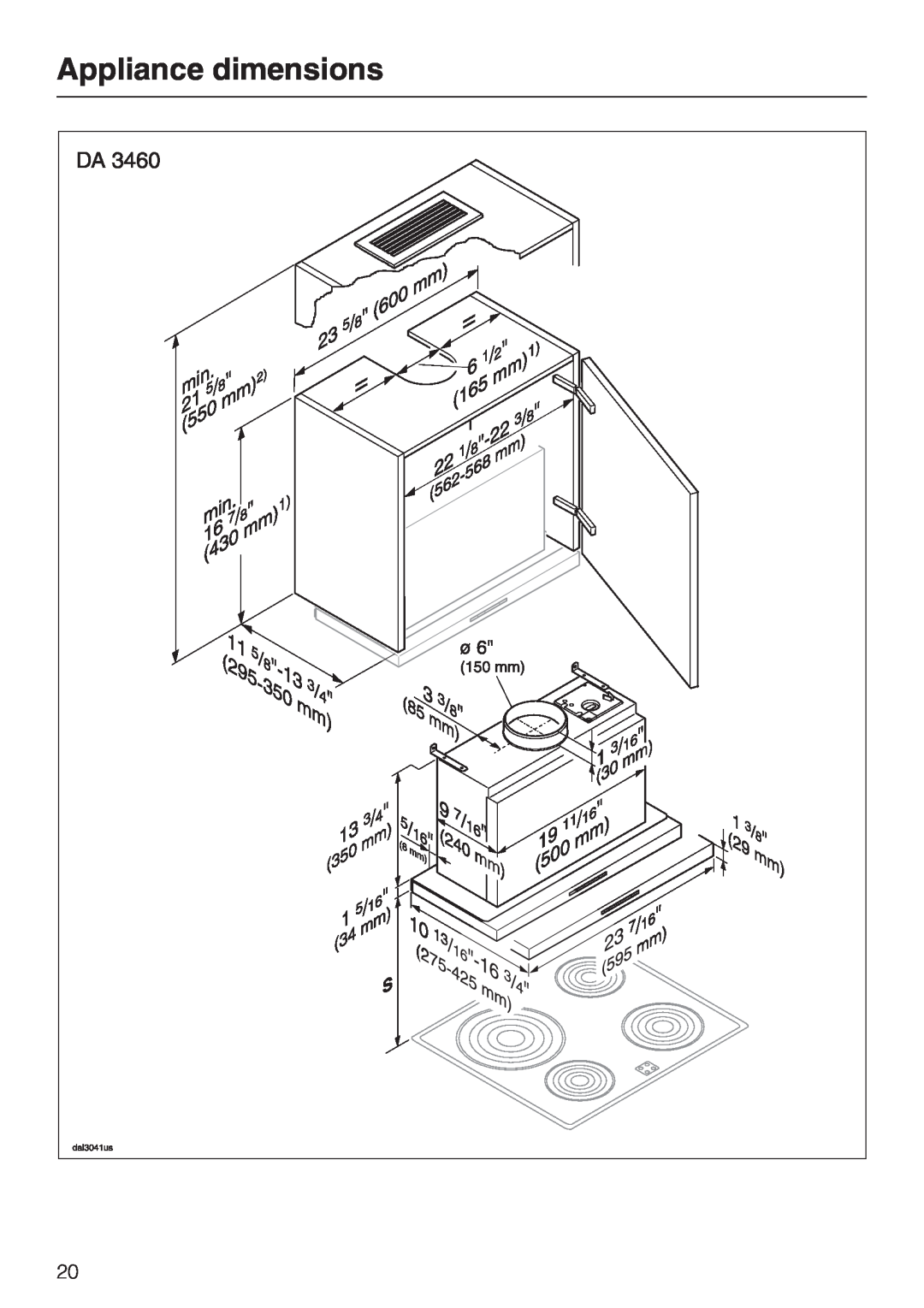 Miele DA 3490, DA 3460, DA 3480 installation instructions Appliance dimensions 