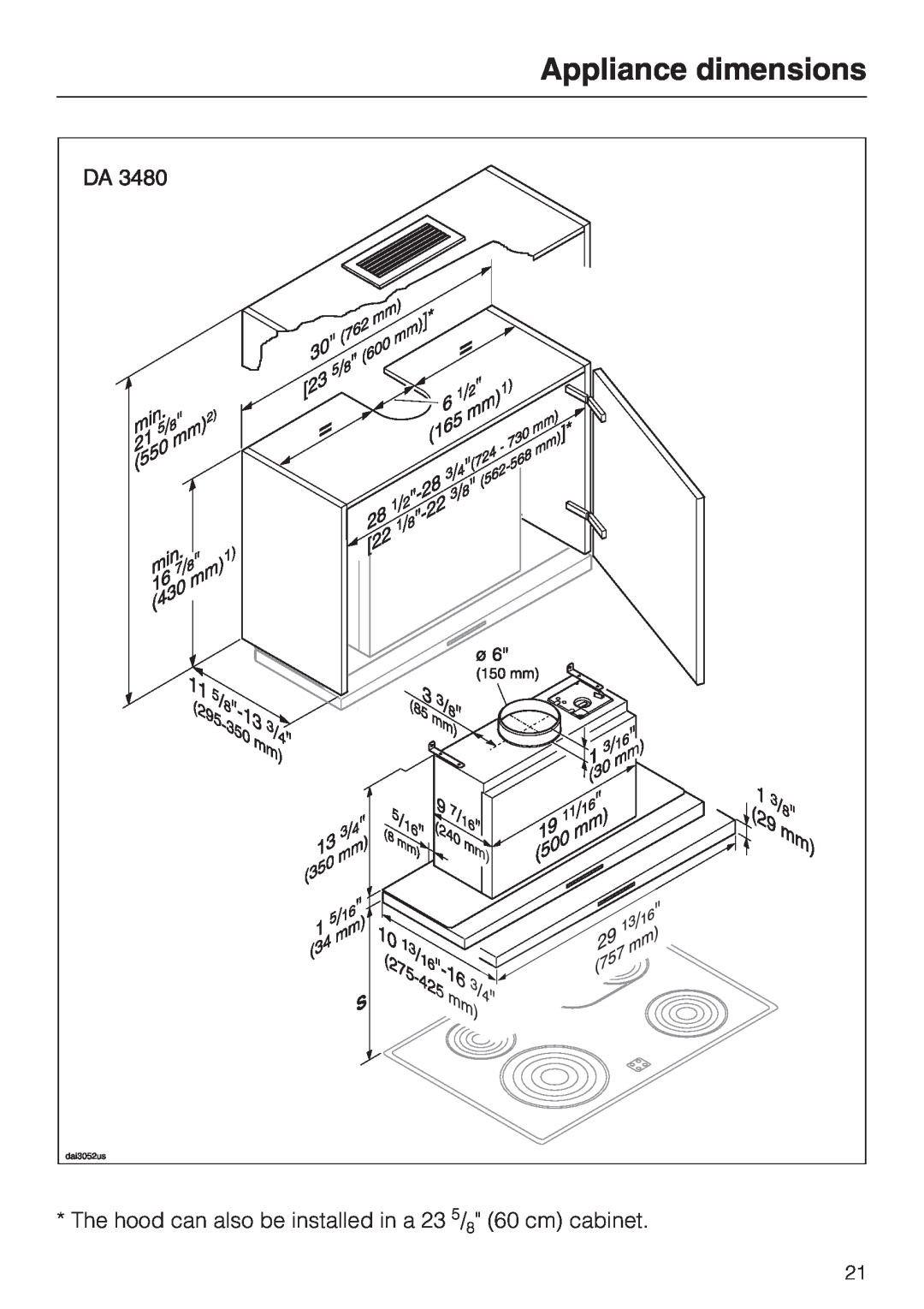 Miele DA 3460, DA 3480, DA 3490 installation instructions Appliance dimensions 