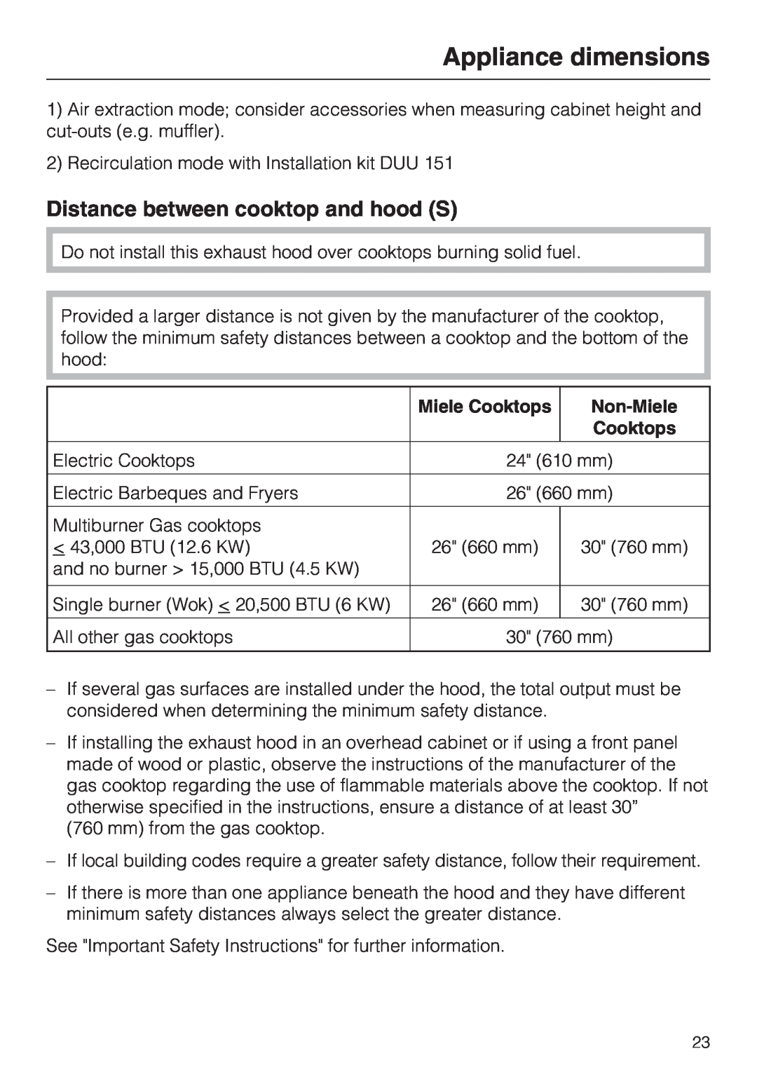 Miele DA 3490, DA 3460, DA 3480 Distance between cooktop and hood S, Miele Cooktops, Non-Miele, Appliance dimensions 