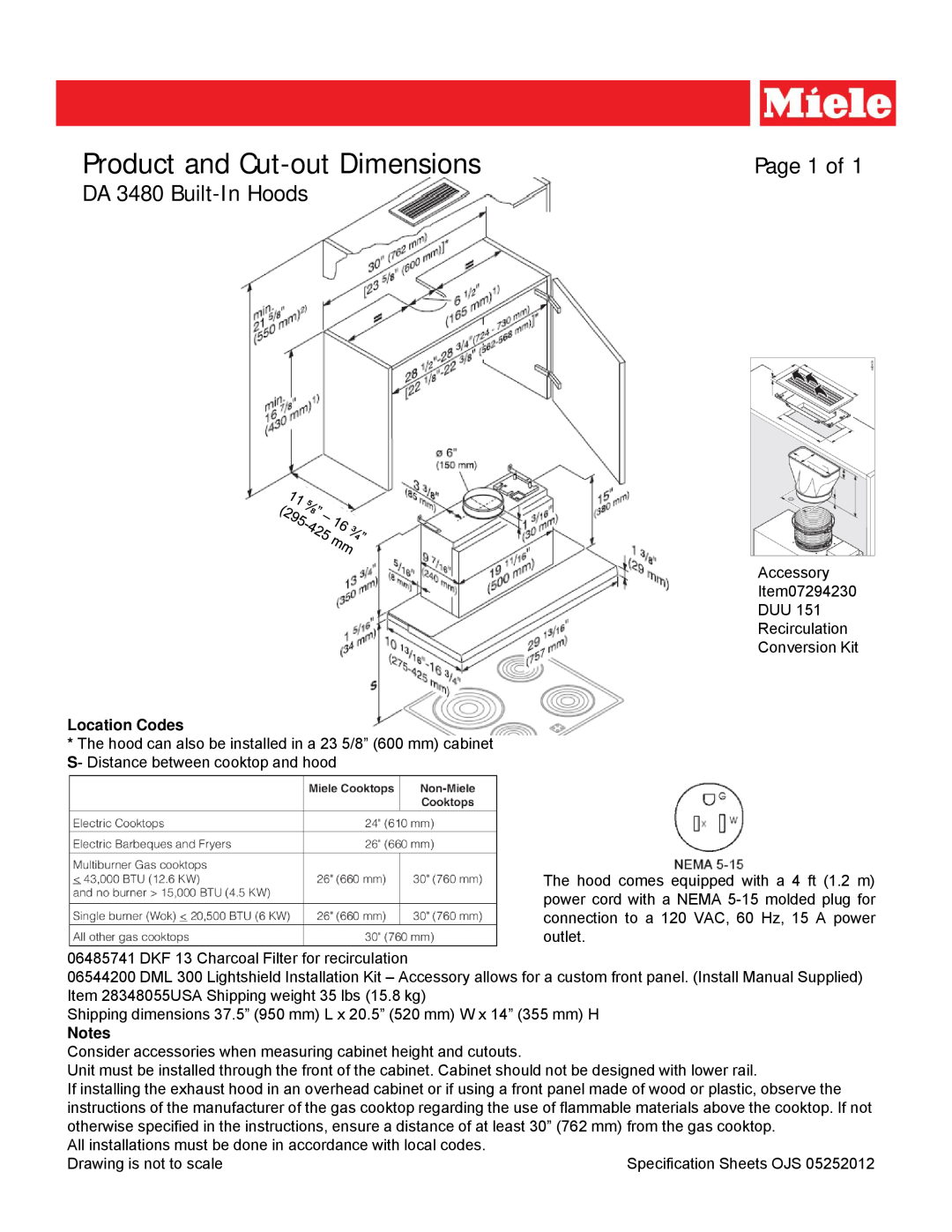 Miele dimensions Product and Cut-outDimensions, Page 1 of, DA 3480 Built-InHoods, Location Codes 