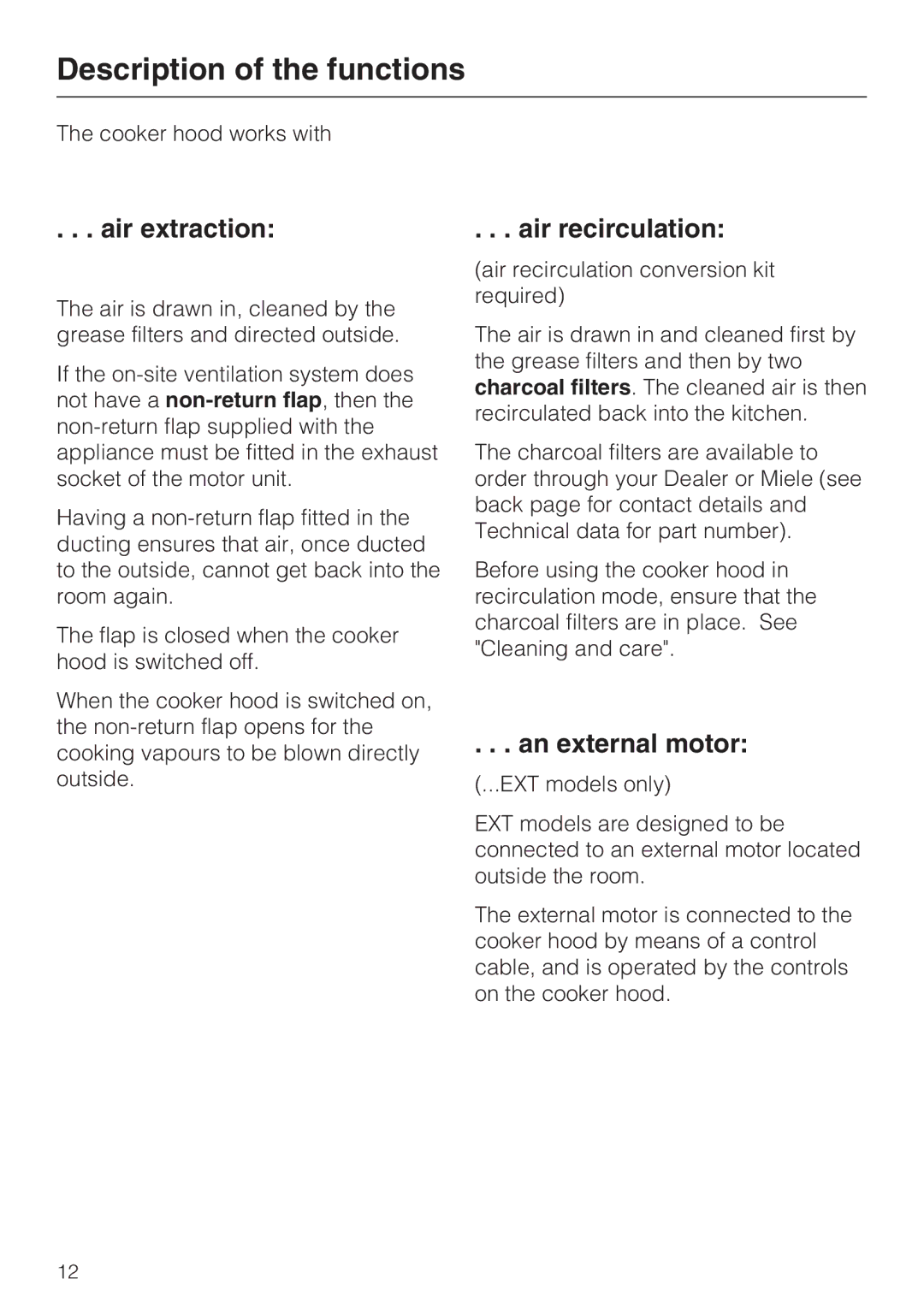 Miele DA 3590 EXT, DA 3560 Description of the functions, Air extraction, Air recirculation, An external motor 