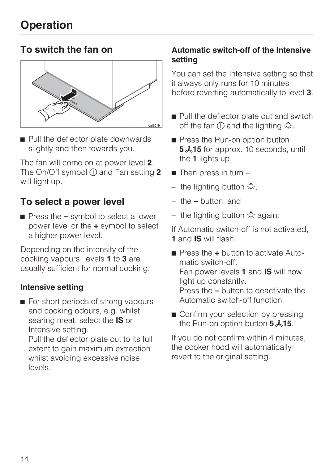 Miele DA 3590 EXT, DA 3560 EXT Operation, To switch the fan on, To select a power level, Intensive setting 