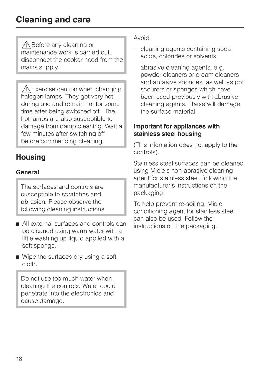 Miele DA 3560, DA 3590 Cleaning and care, Housing, General, Important for appliances with stainless steel housing 