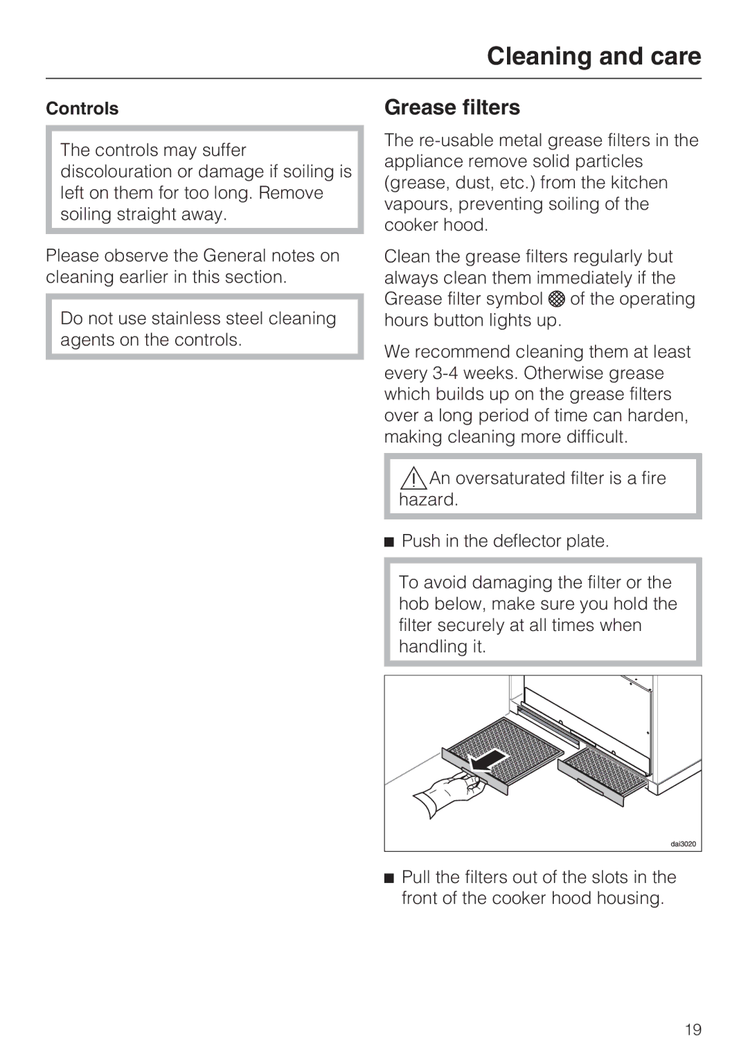 Miele DA 3560 EXT, DA 3590 EXT installation instructions Grease filters, Controls 