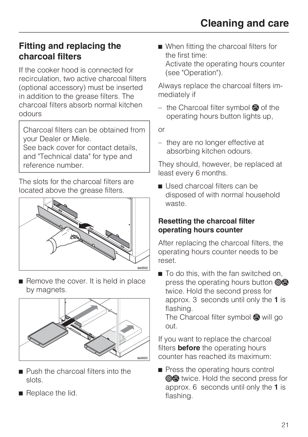 Miele DA 3590 EXT Fitting and replacing the charcoal filters, Resetting the charcoal filter operating hours counter 