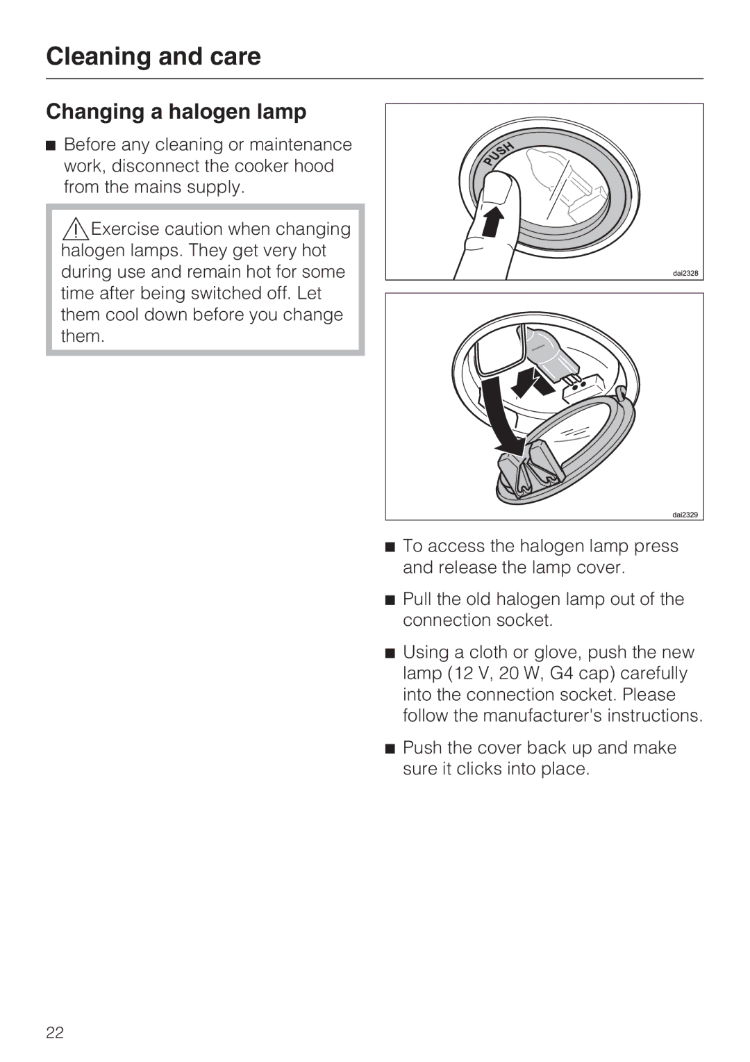 Miele DA 3590 EXT, DA 3560 EXT installation instructions Changing a halogen lamp 