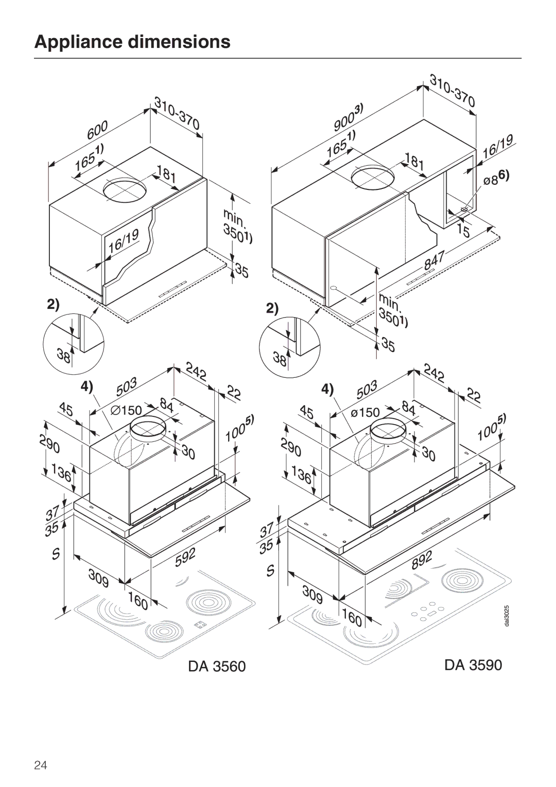 Miele DA 3590 EXT, DA 3560 EXT installation instructions Appliance dimensions 