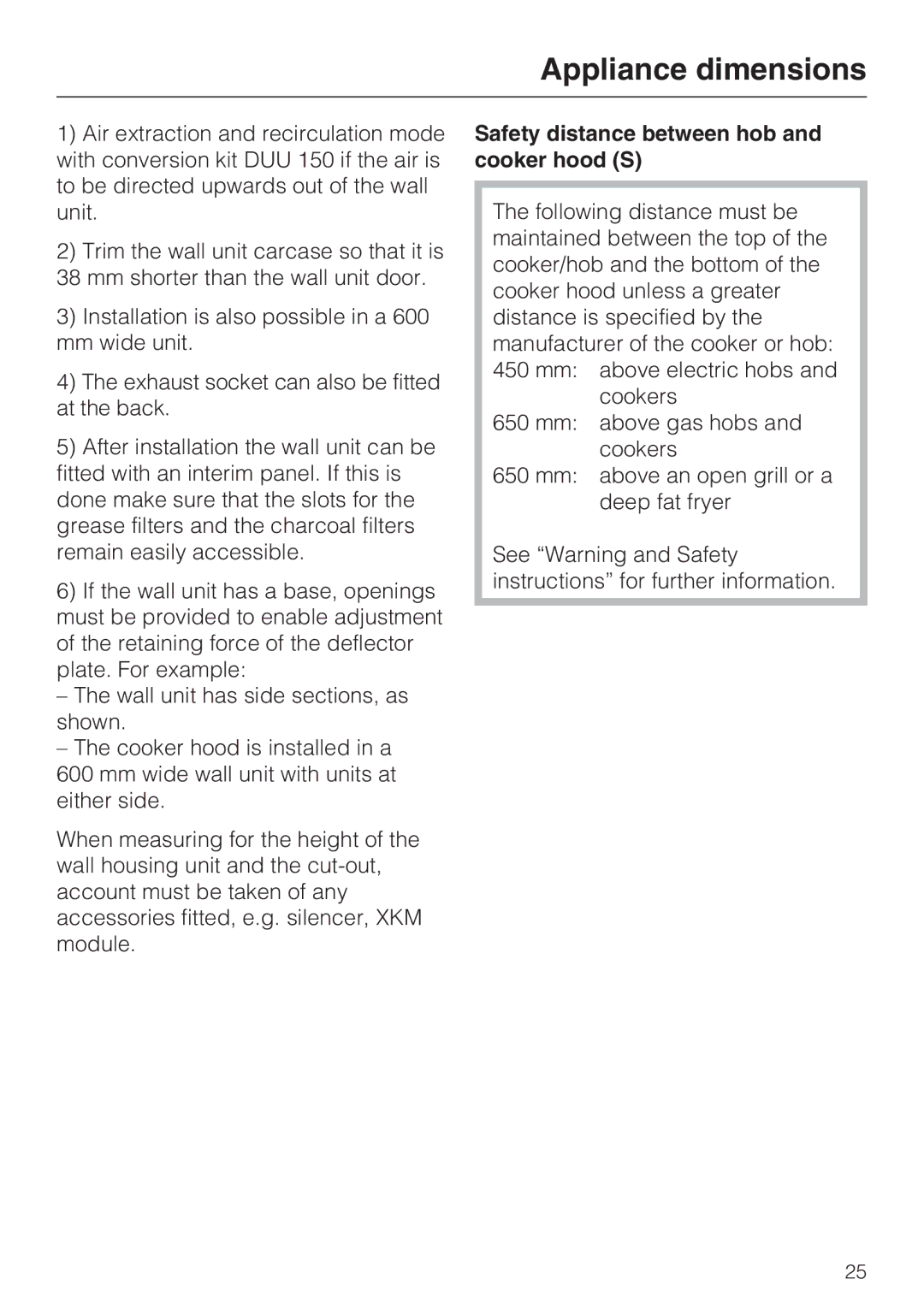 Miele DA 3590 EXT, DA 3560 EXT installation instructions Safety distance between hob and cooker hood S 