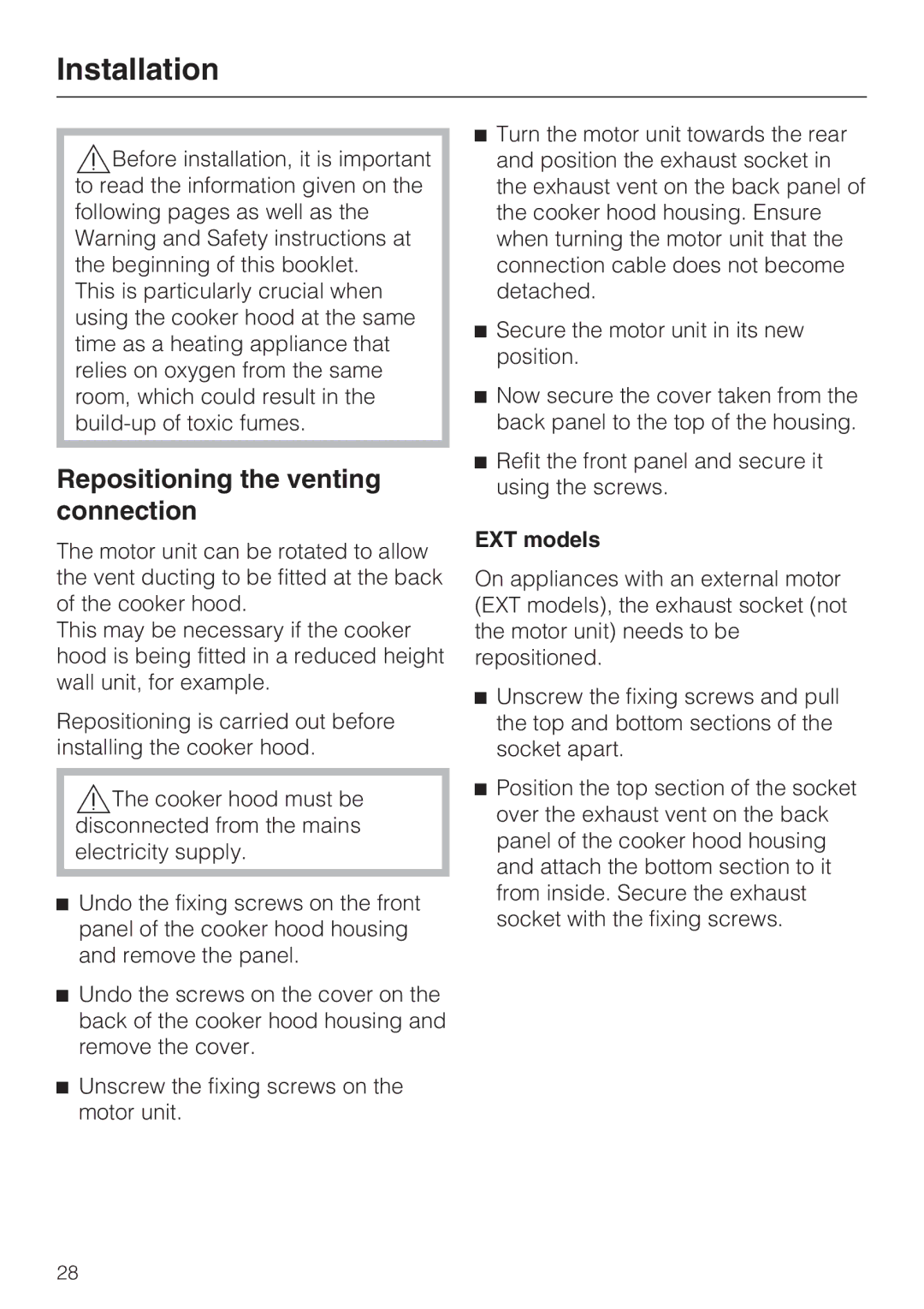 Miele DA 3590 EXT, DA 3560 EXT installation instructions Repositioning the venting connection, EXT models 