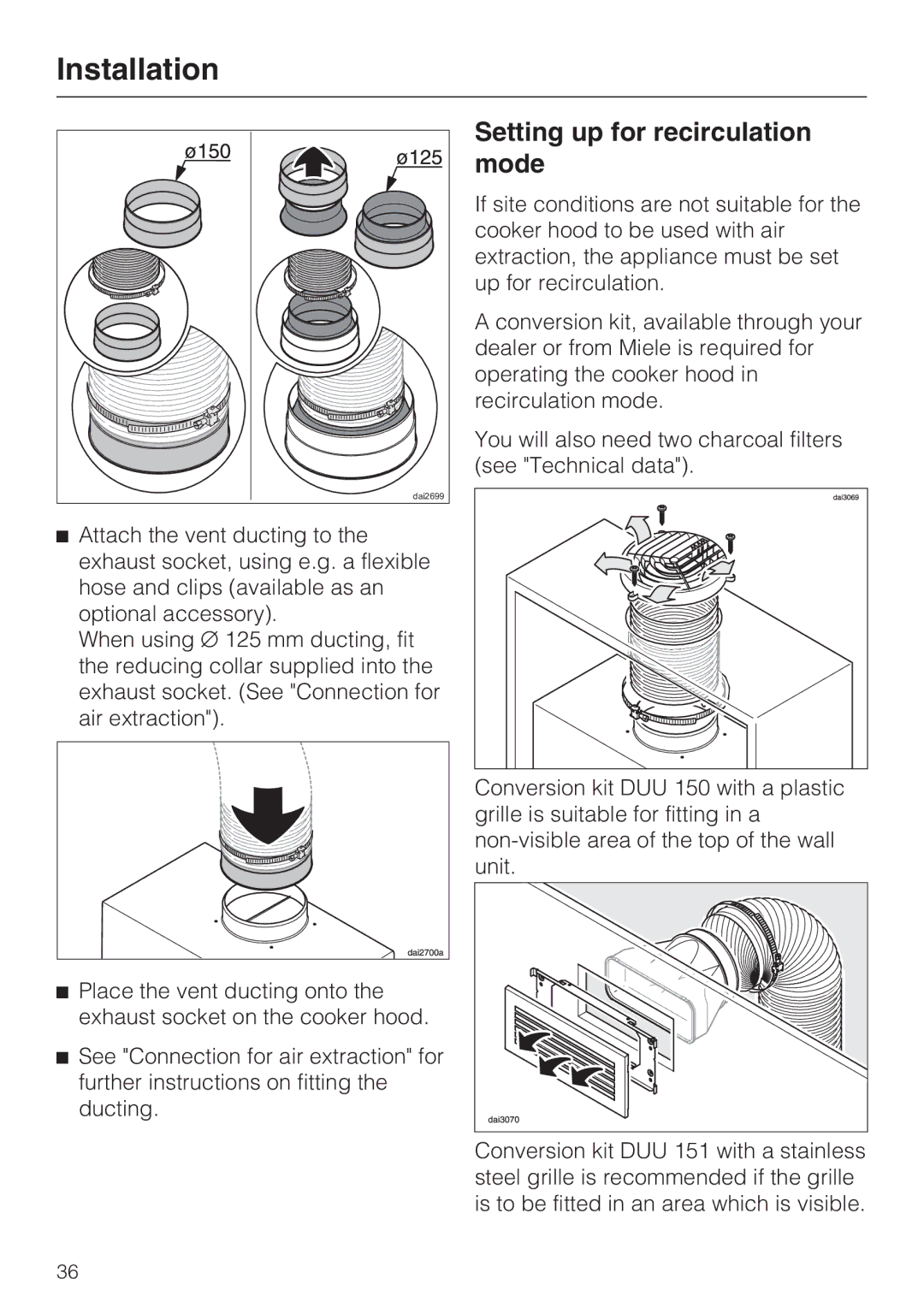 Miele DA 3590 EXT, DA 3560 EXT installation instructions Setting up for recirculation mode 