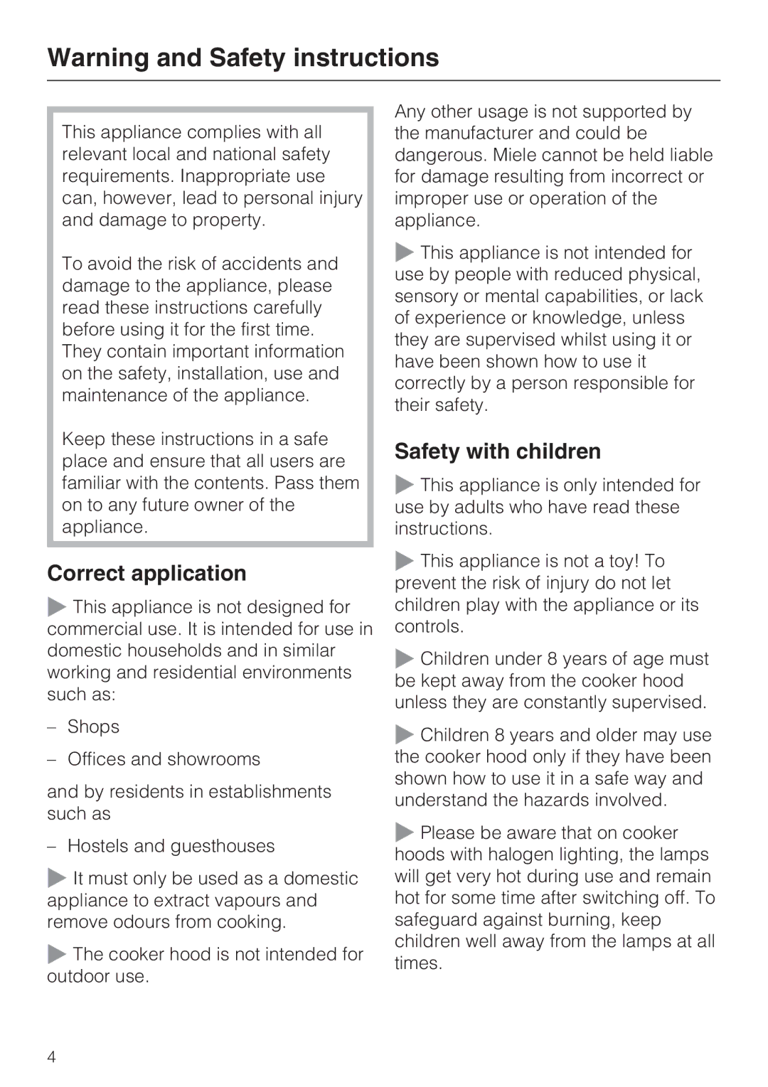 Miele DA 3590 EXT, DA 3560 EXT installation instructions Safety with children, Correct application 