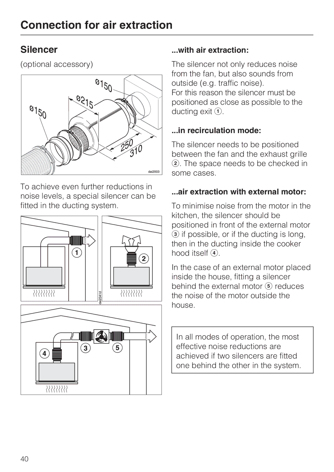 Miele DA 3590 EXT, DA 3560 Silencer, With air extraction, Recirculation mode, Air extraction with external motor 