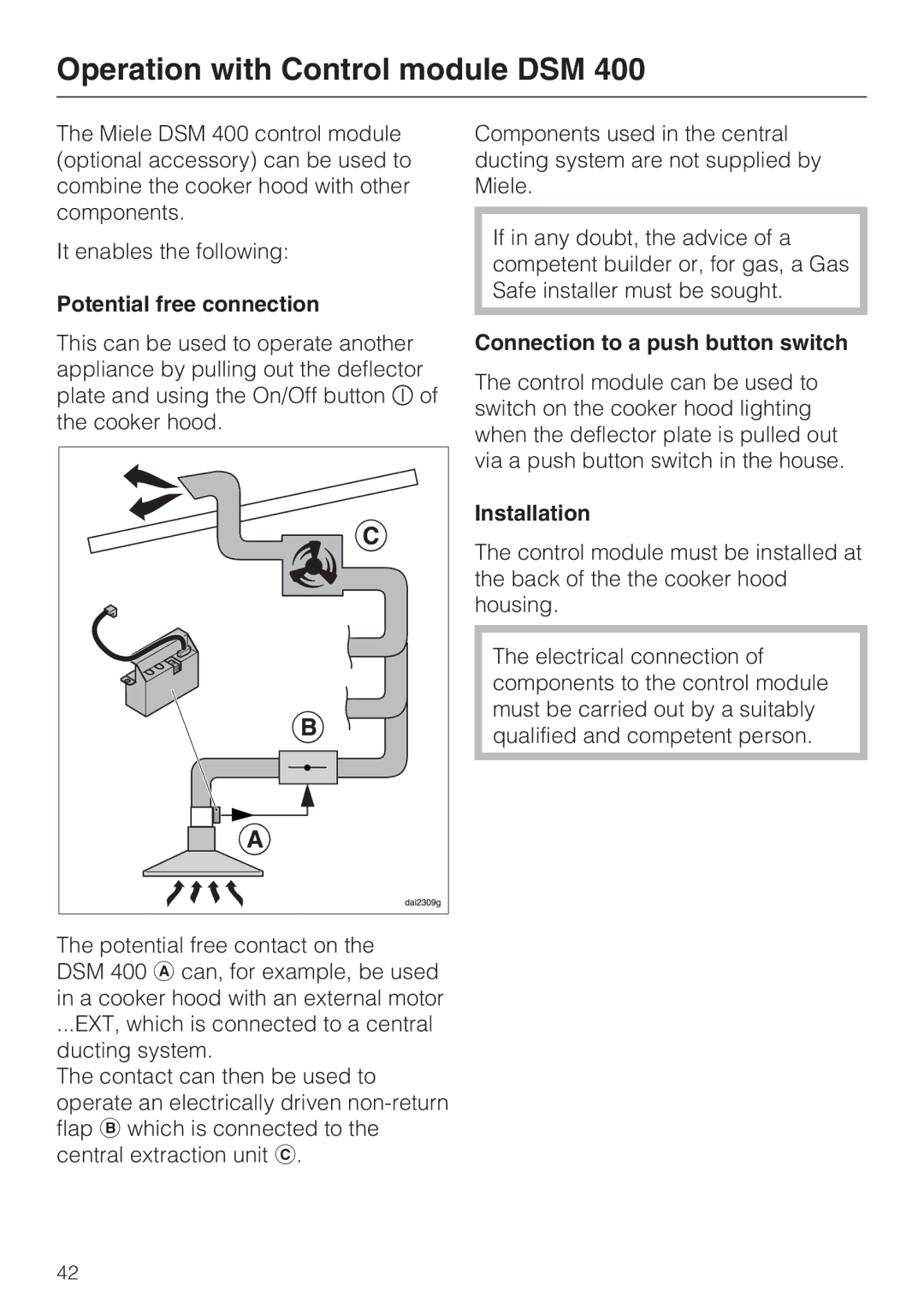 Miele DA 3560, DA 3590 Operation with Control module DSM, Potential free connection, Connection to a push button switch 