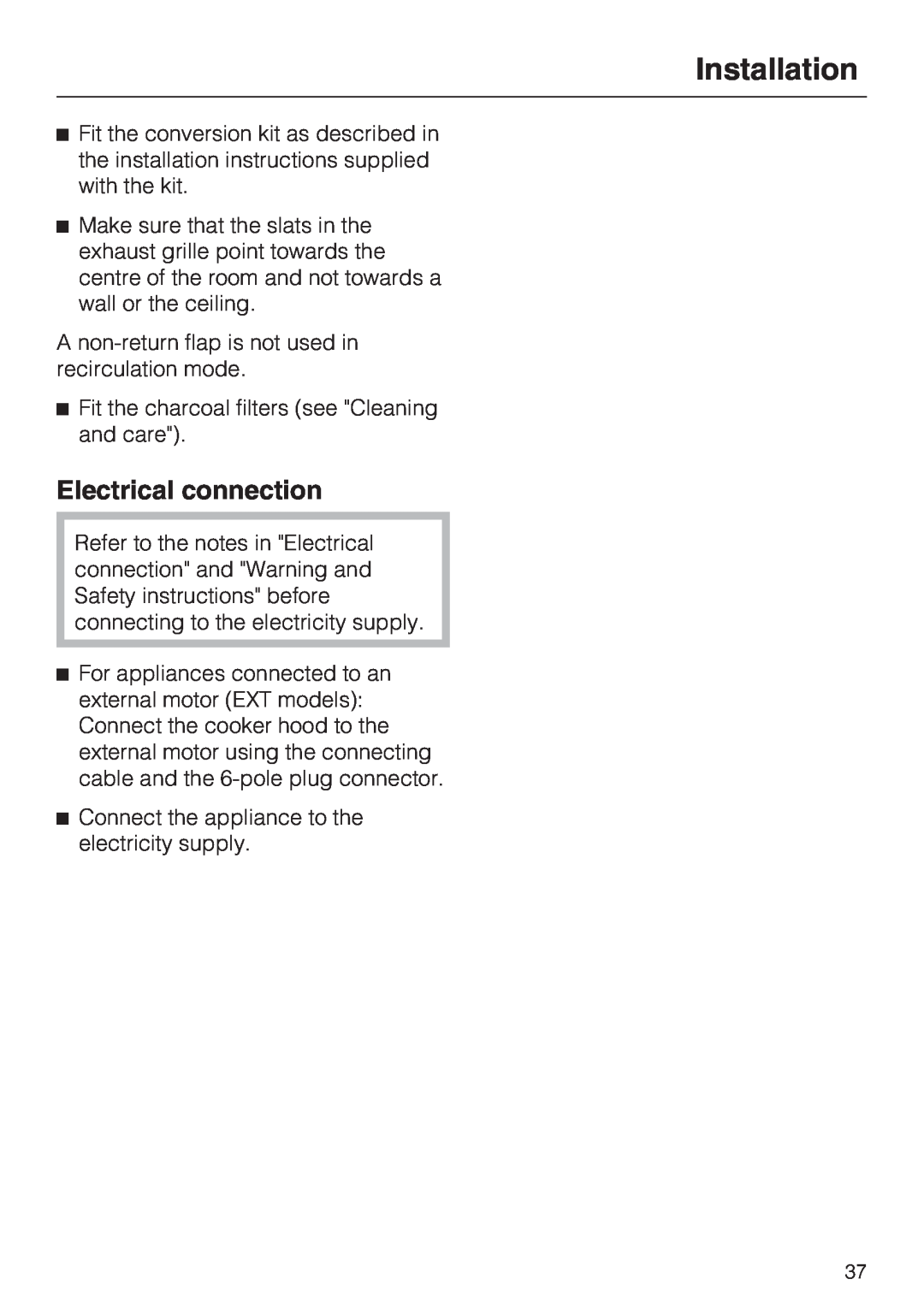 Miele DA 3590 EXT, DA 3560 EXT installation instructions Electrical connection, Installation 