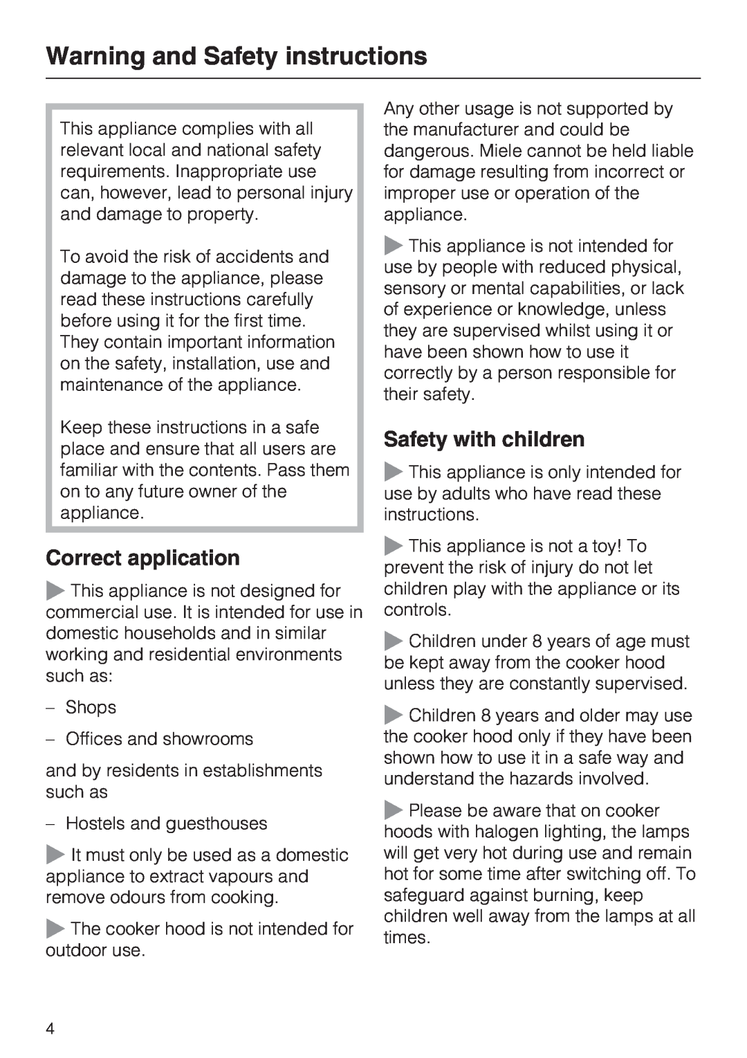 Miele DA 3590 EXT, DA 3560 EXT Warning and Safety instructions, Safety with children, Correct application 